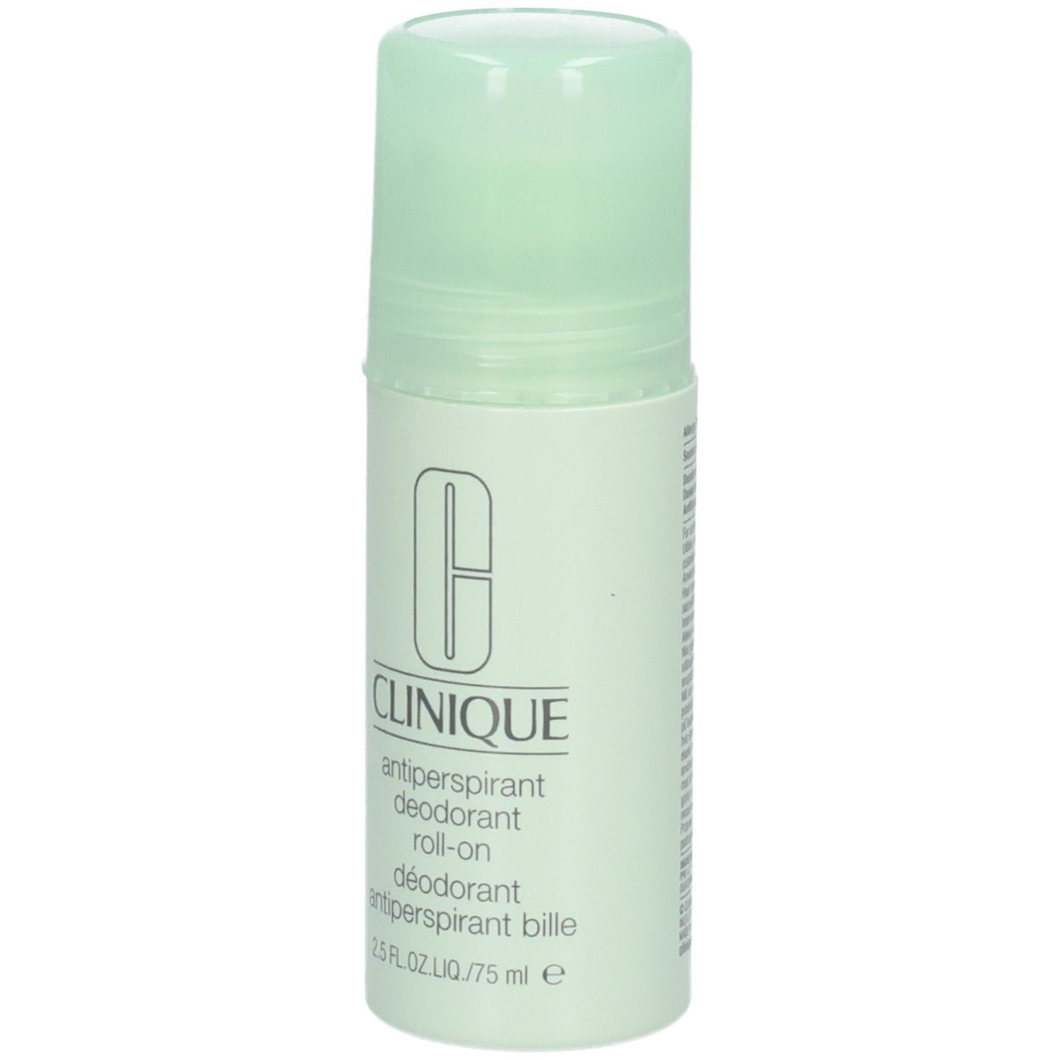 Clinique roll-on antitranspirant deodorant. Witte fles, groene dop. Logo en tekst op de voorkant.