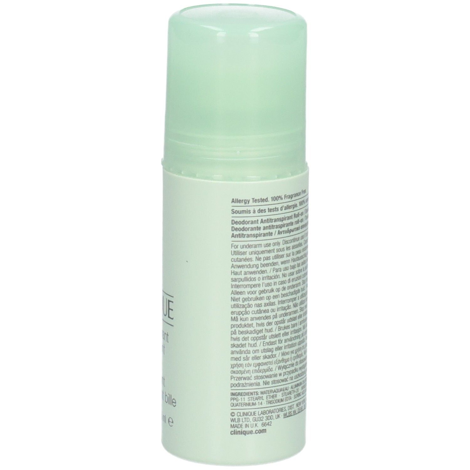 Achterkant van de Clinique roll-on deodorant. Tekst op witte achtergrond.