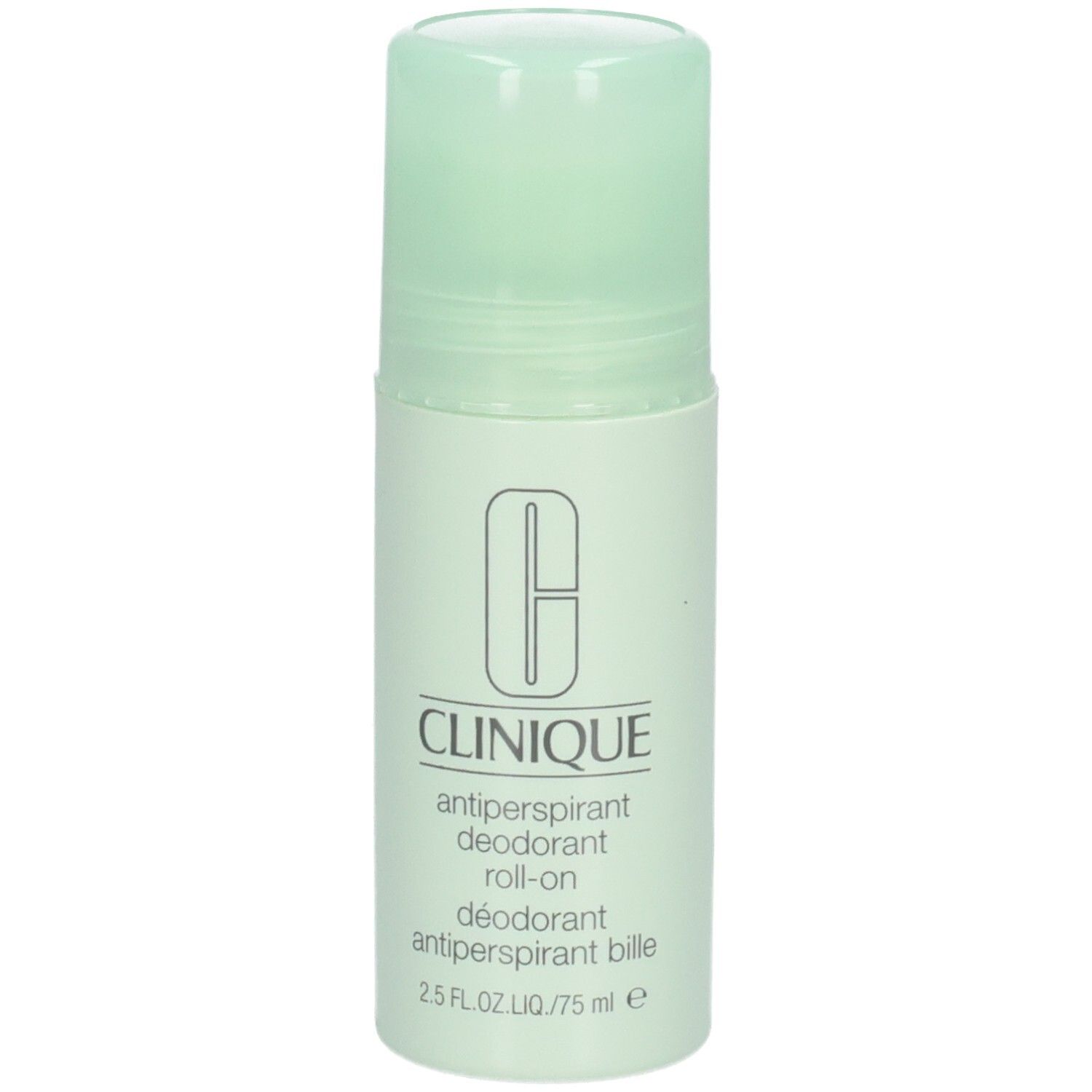 Clinique roll-on antitranspirant deodorant. Witte fles, groene dop. Logo en tekst op de voorkant.
