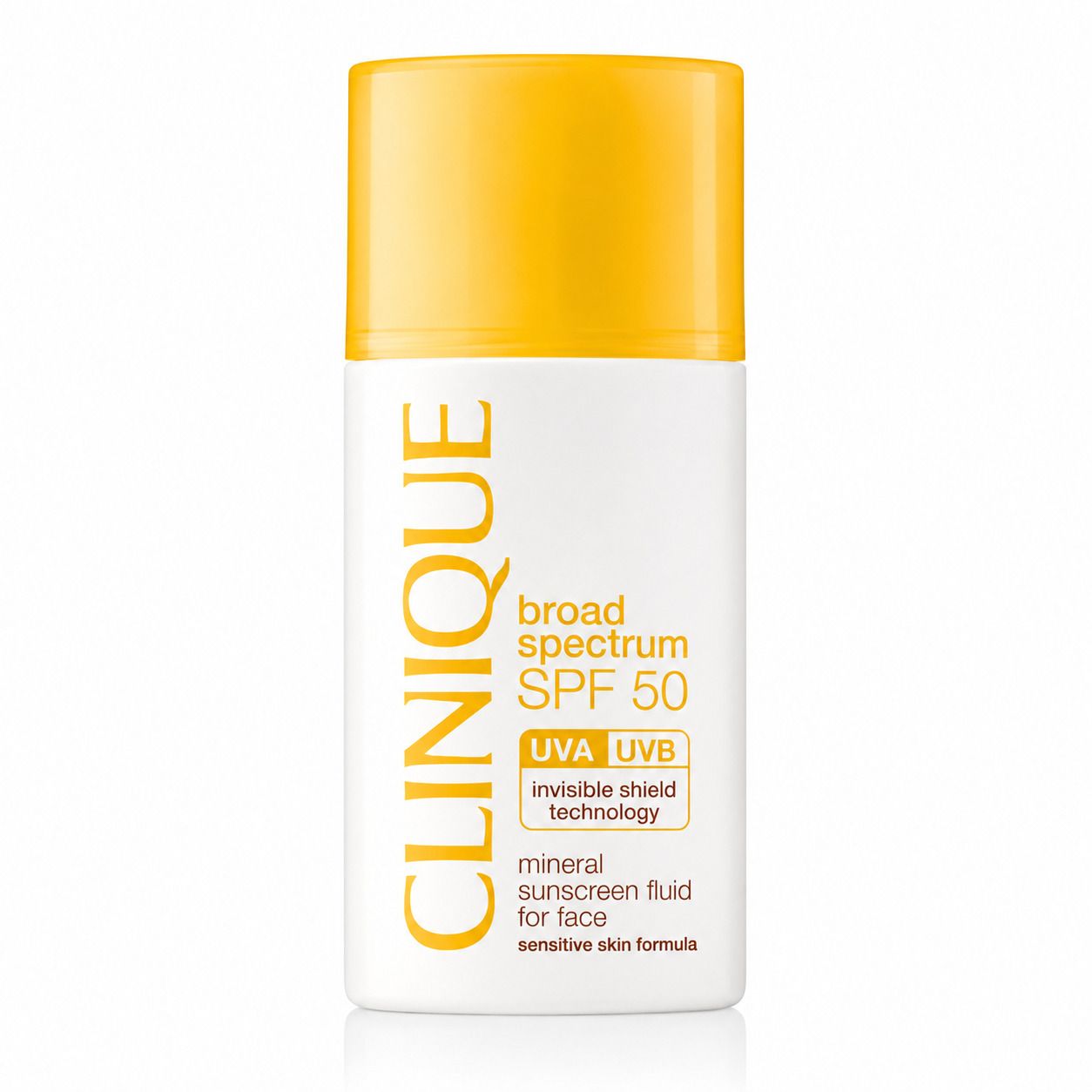 Flacon blanc et jaune avec SPF 50. Texte: CLINIQUE, broad spectrum SPF 50. Bouchon jaune.