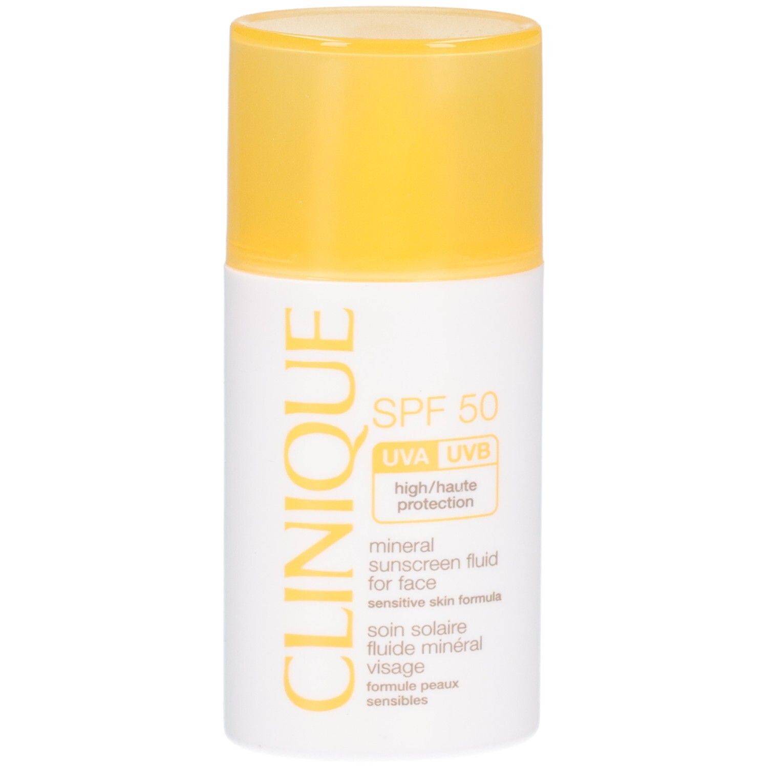Wit-gele fles met SPF 50. Tekst: CLINIQUE, mineral sunscreen fluid for face, SPF 50. Gele dop.