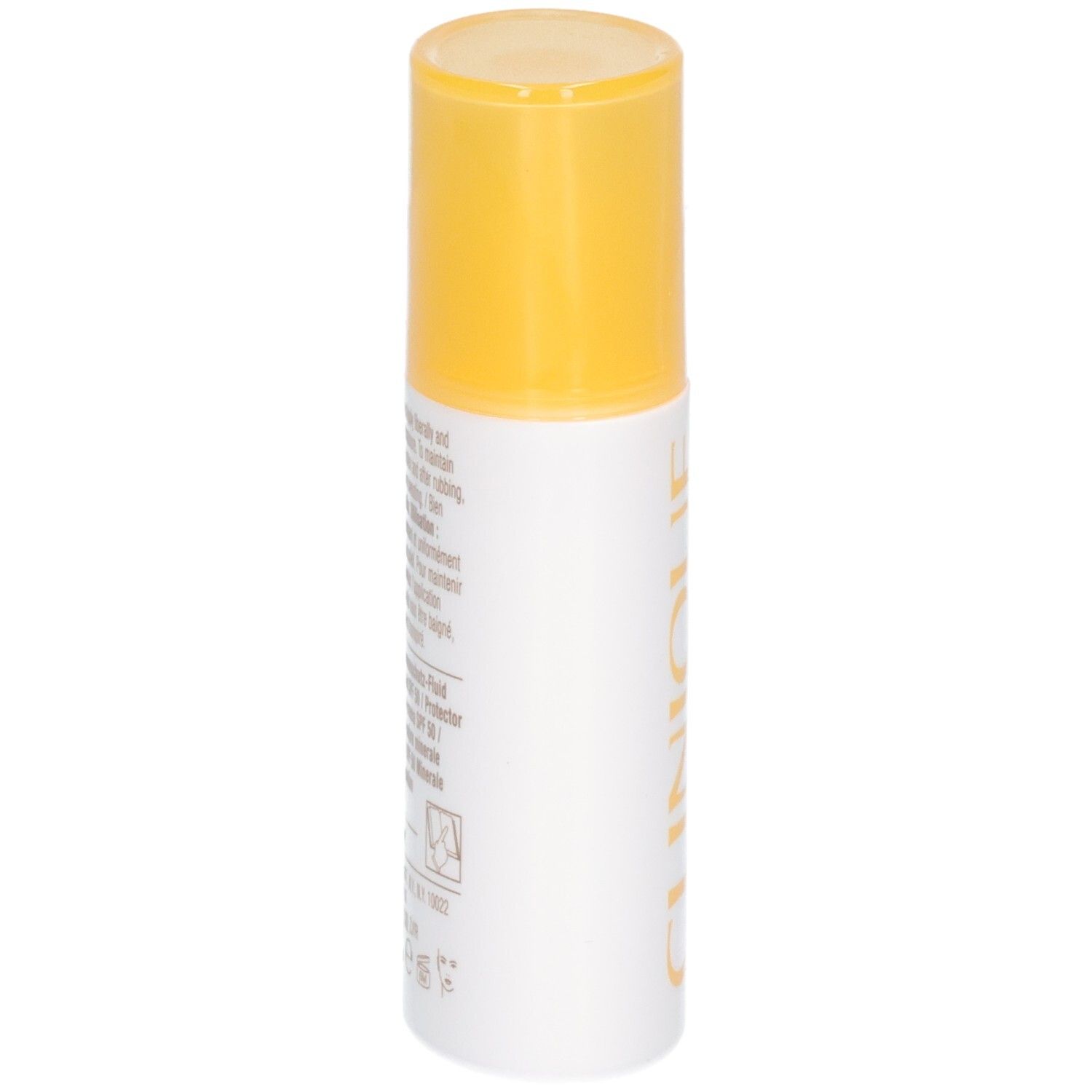Wit-gele fles met tekst. Tekst: CLINIQUE, mineral sunscreen fluid for face, SPF 50. Gele dop.