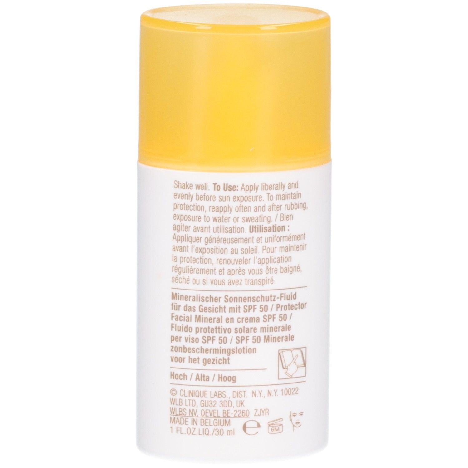 Wit-gele fles met tekst. Tekst: CLINIQUE, mineral sunscreen fluid for face, SPF 50. Gele dop.