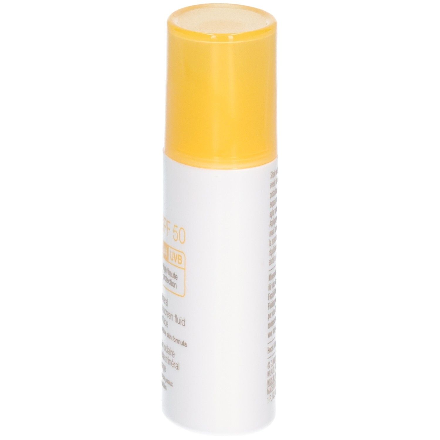 Wit-gele fles met tekst. Tekst: CLINIQUE, mineral sunscreen fluid for face, SPF 50. Gele dop.