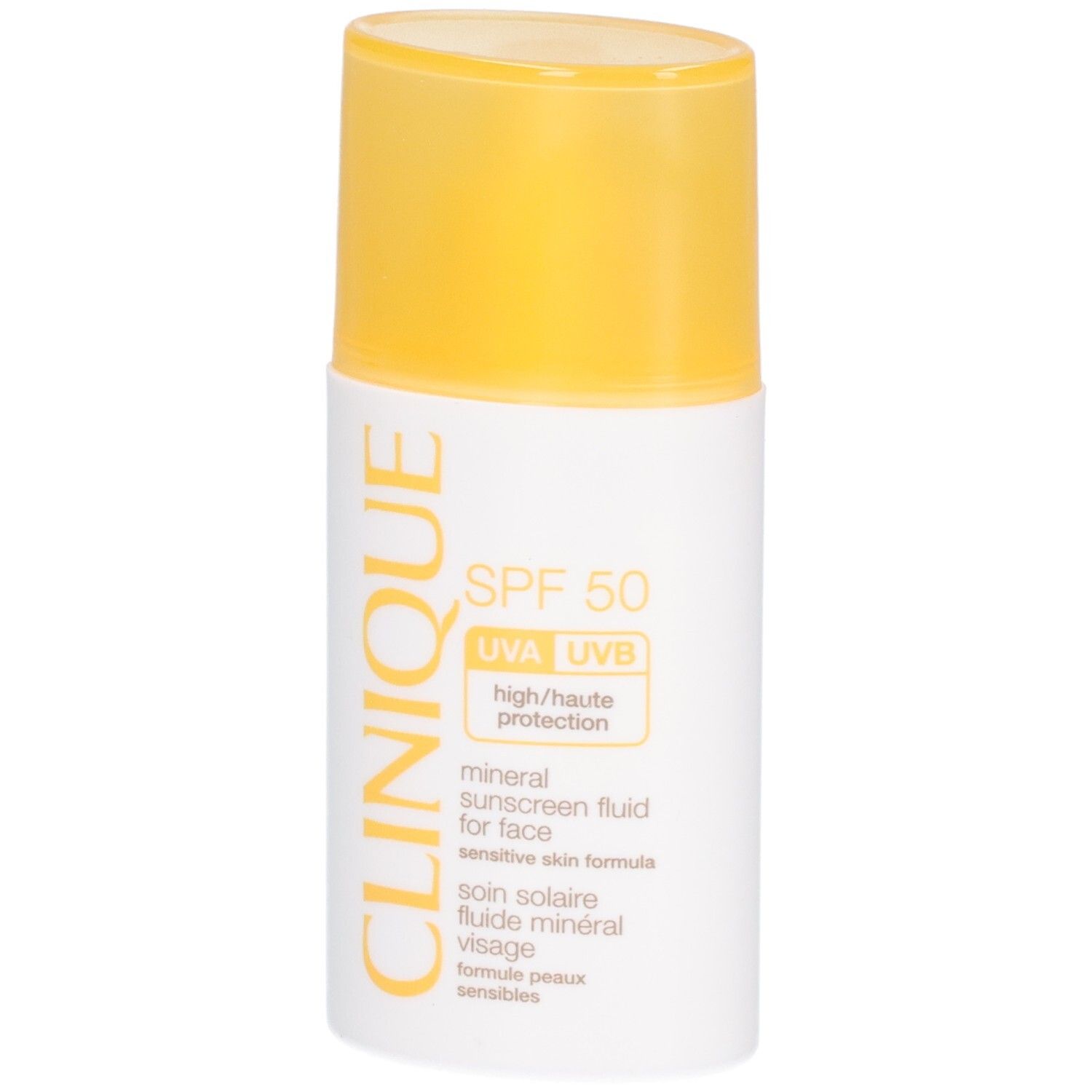 Wit-gele fles met SPF 50. Tekst: CLINIQUE, mineral sunscreen fluid for face, SPF 50. Gele dop.