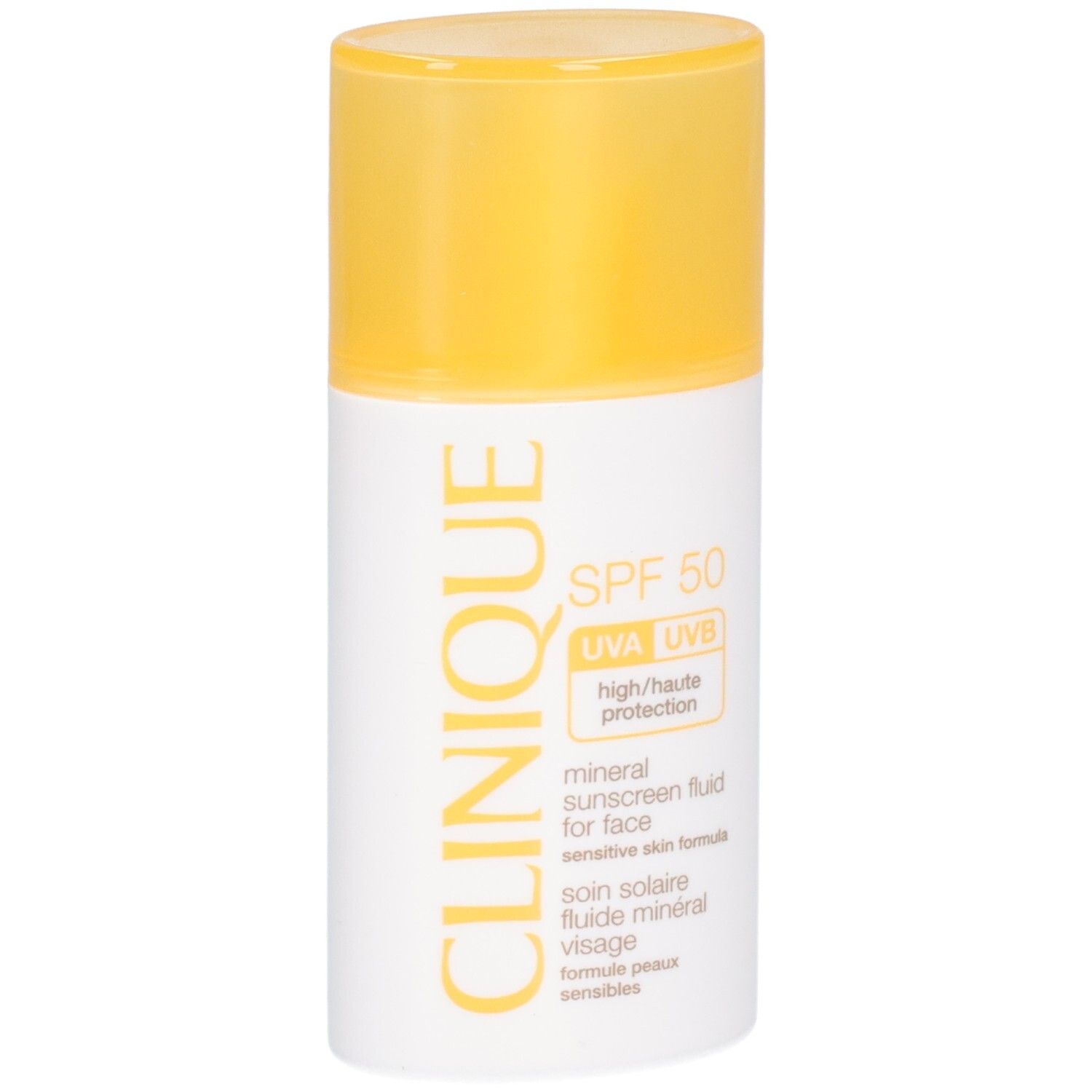 Wit-gele fles met SPF 50. Tekst: CLINIQUE, mineral sunscreen fluid for face, SPF 50. Gele dop.
