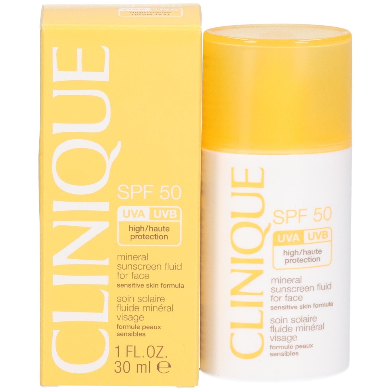 Wit-gele fles en doos. Tekst: CLINIQUE, mineral sunscreen fluid for face, SPF 50. Gele dop.
