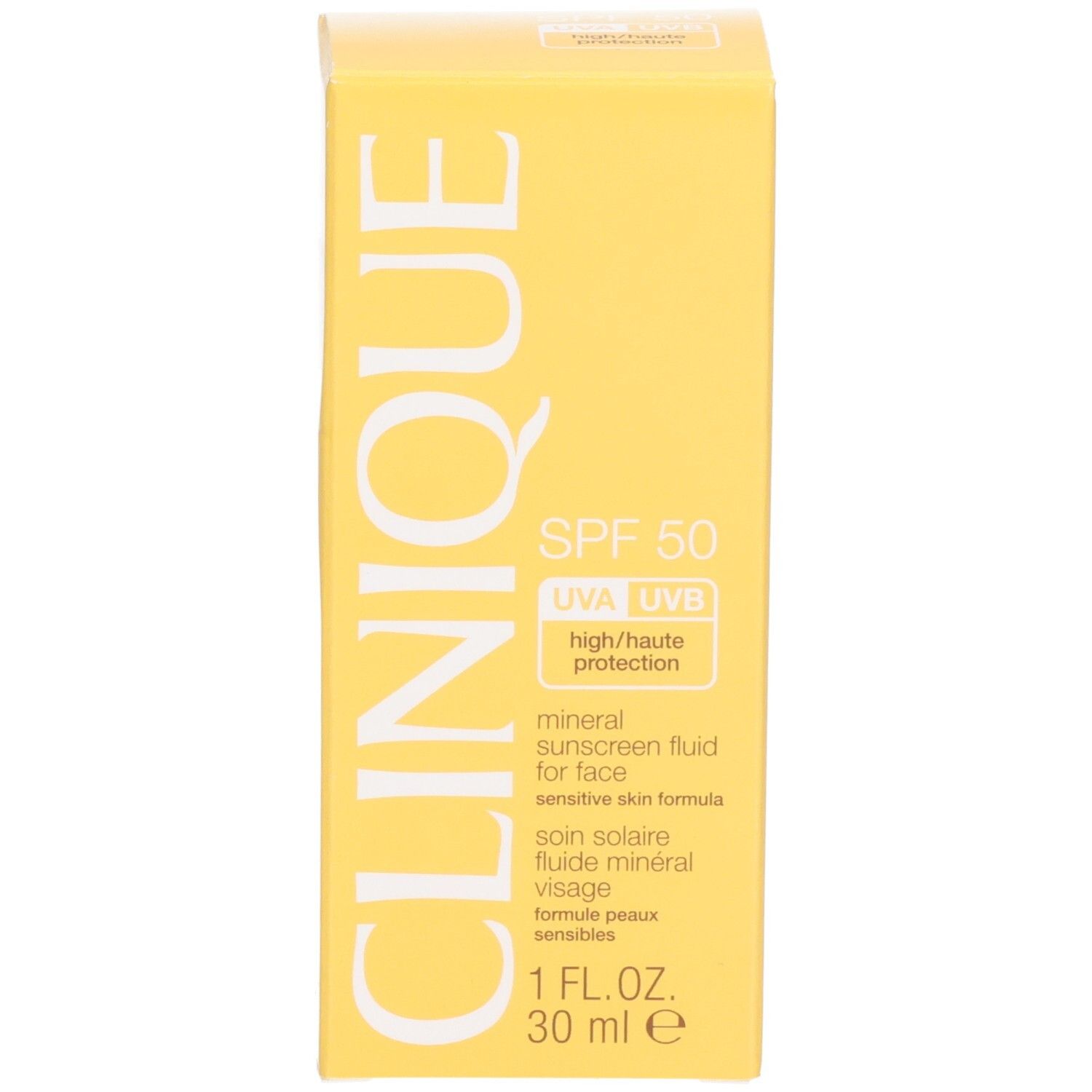 Gele doos met tekst. Tekst: CLINIQUE, mineral sunscreen fluid for face, SPF 50. 30 ml.