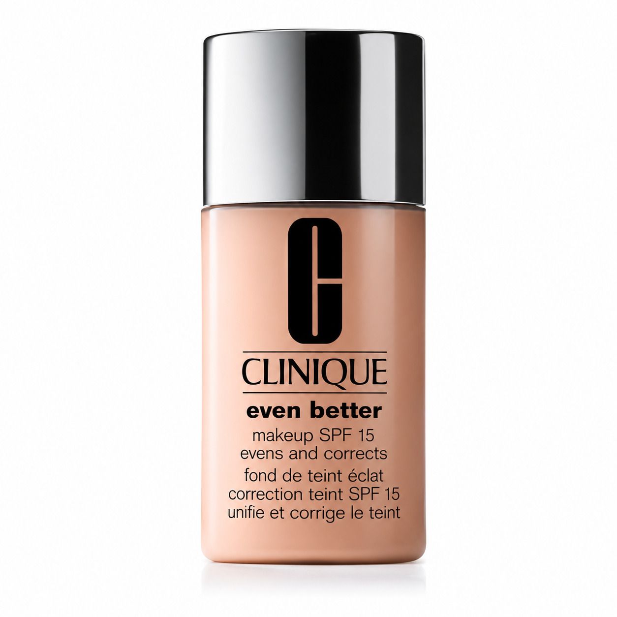 Flacon Clinique Even Better™ Makeup SPF15. Teinte beige, bouchon argenté. Logo et nom du produit.