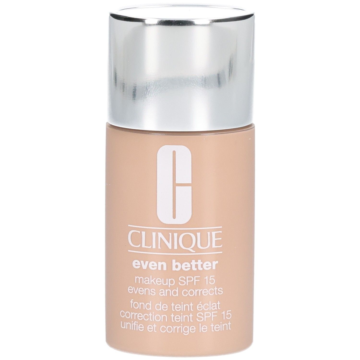 Clinique Even Better™ Makeup SPF15 fles. Beige tint, zilveren dop. Logo en productnaam.