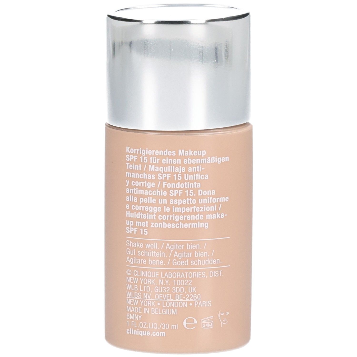 Achterkant Clinique Even Better™ Makeup SPF15 fles. Productinformatie in meerdere talen.