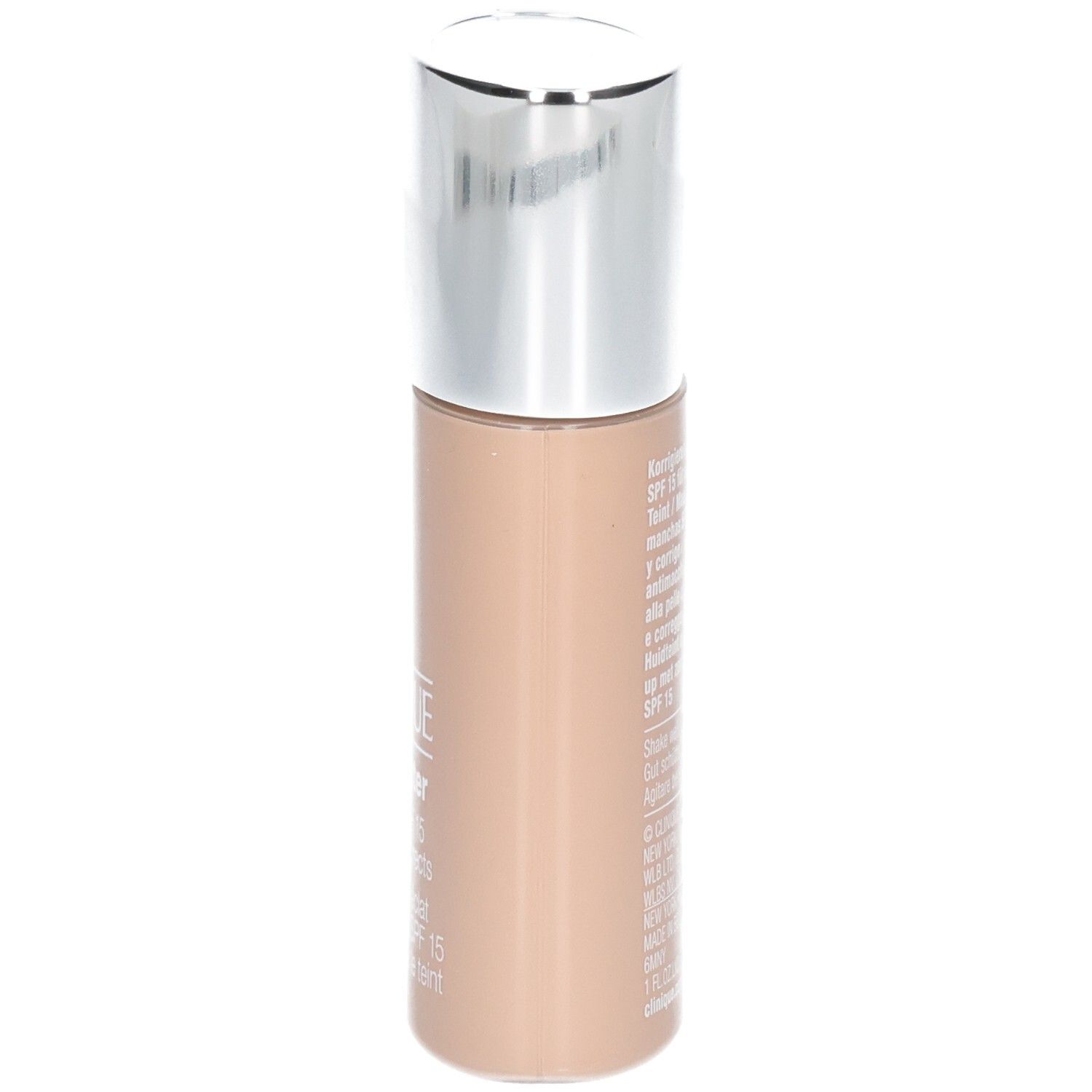 Clinique Even Better™ Makeup SPF15 fles. Beige tint, zilveren dop. Productinformatie.