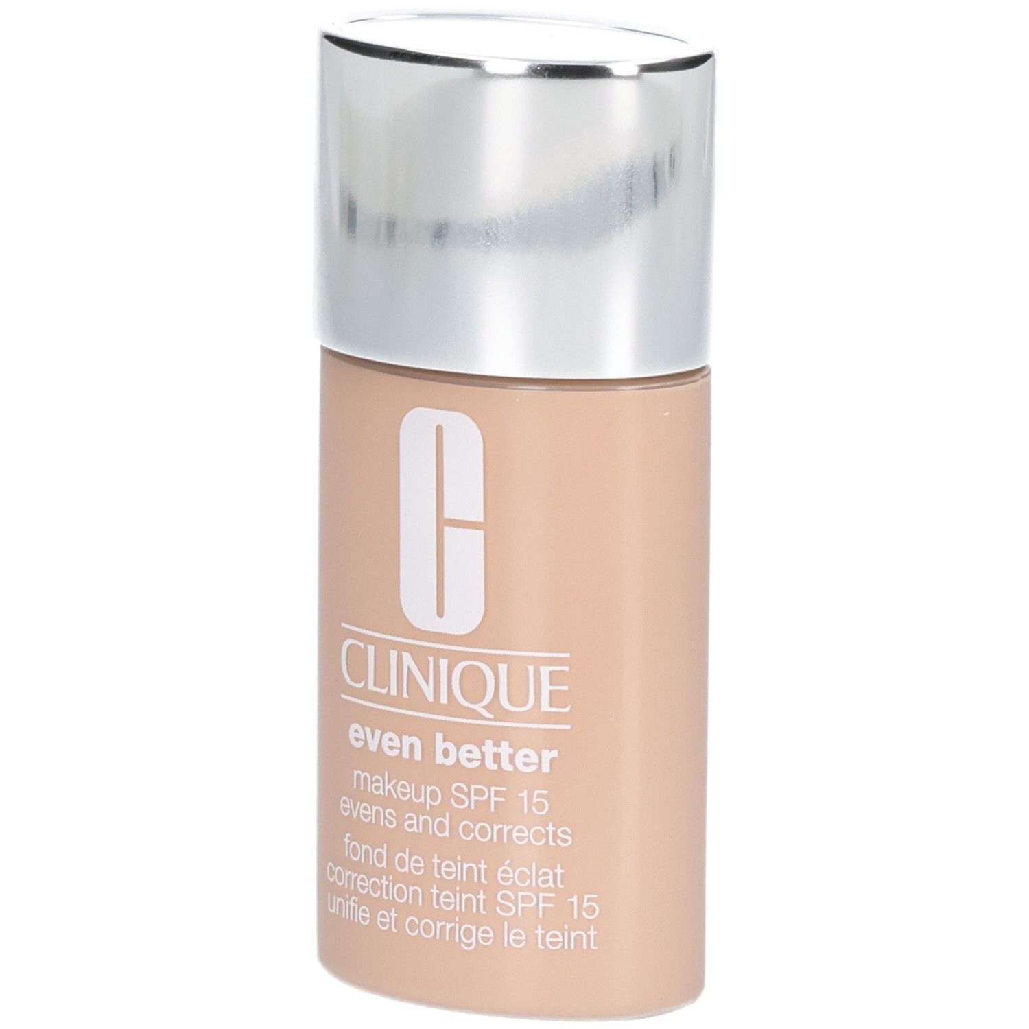 Clinique Even Better™ Makeup SPF15 fles. Beige tint, zilveren dop. Logo en productnaam.