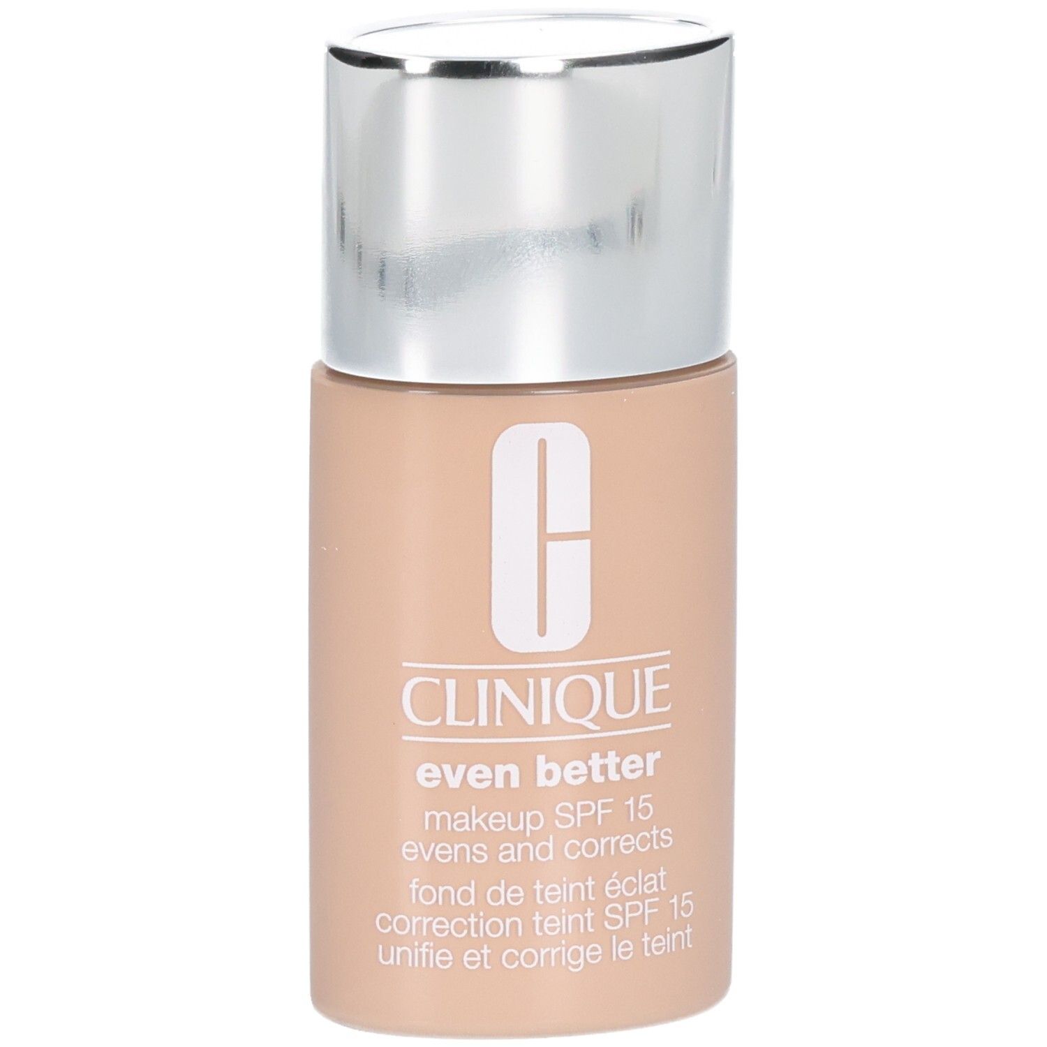 Clinique Even Better™ Makeup SPF15 fles. Beige tint, zilveren dop. Logo en productnaam.