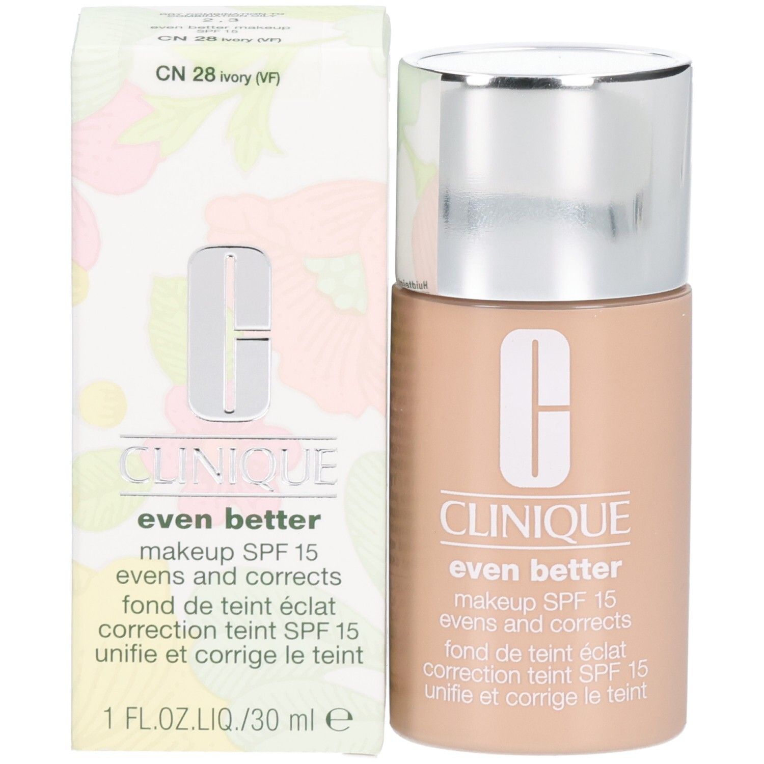 Clinique Even Better™ Makeup SPF15 en verpakking. Beige tint, zilveren dop. Productinformatie.