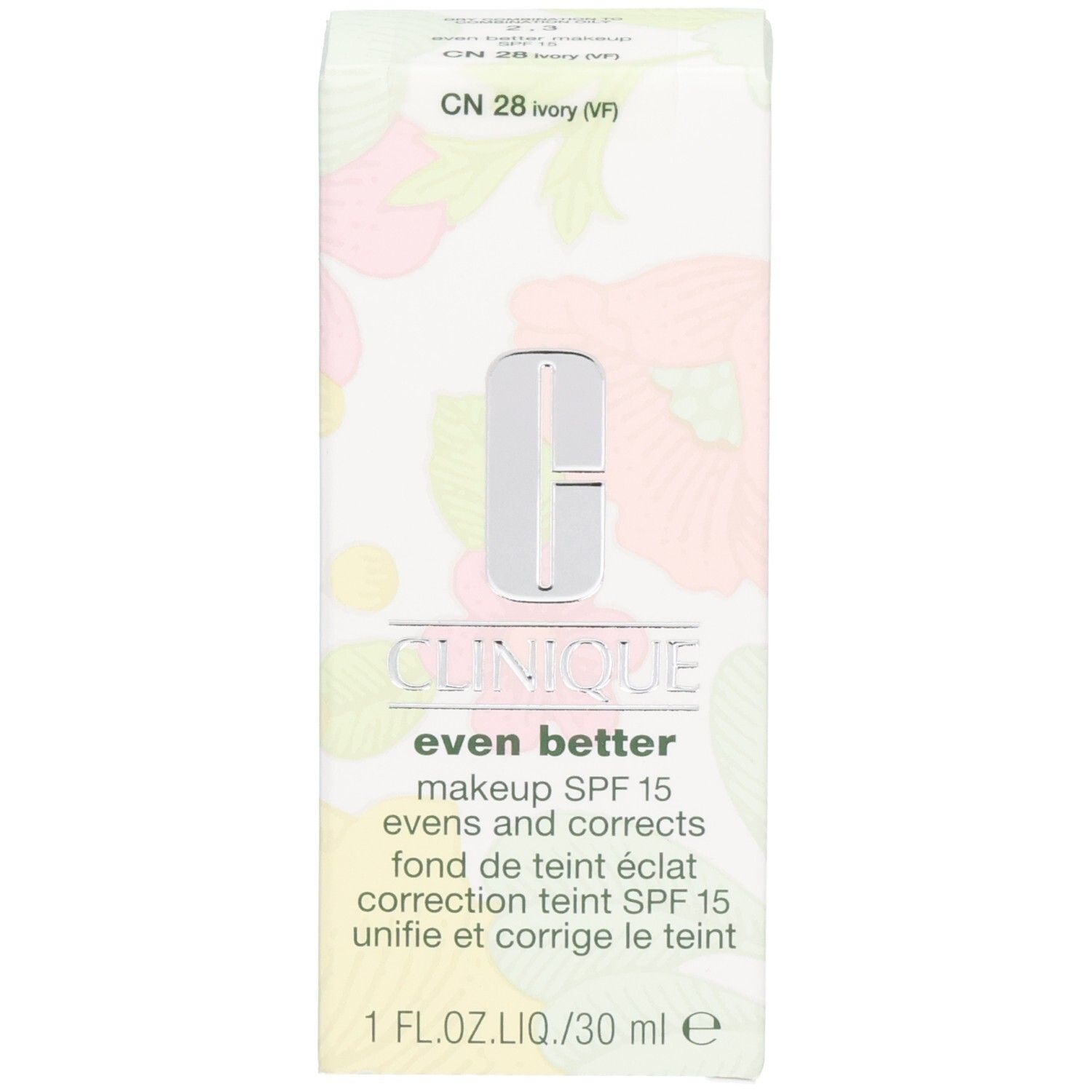 Verpakking Clinique Even Better™ Makeup SPF15. Beige tint, logo en productnaam. CN 28 Ivory.