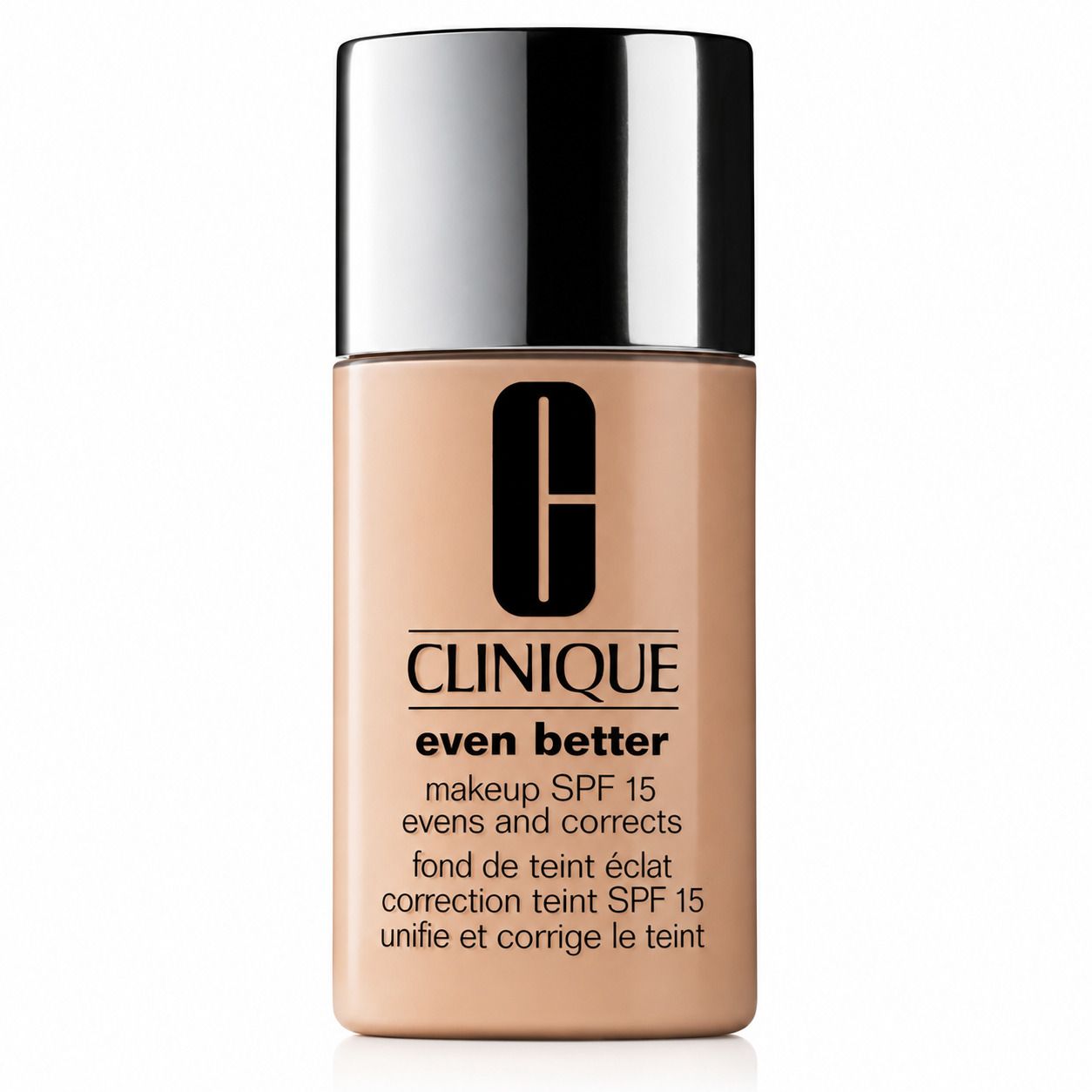 Clinique Even Better™ Fond de Teint Éclat SPF15 flesje. Beige tint. Logo en tekst zichtbaar.