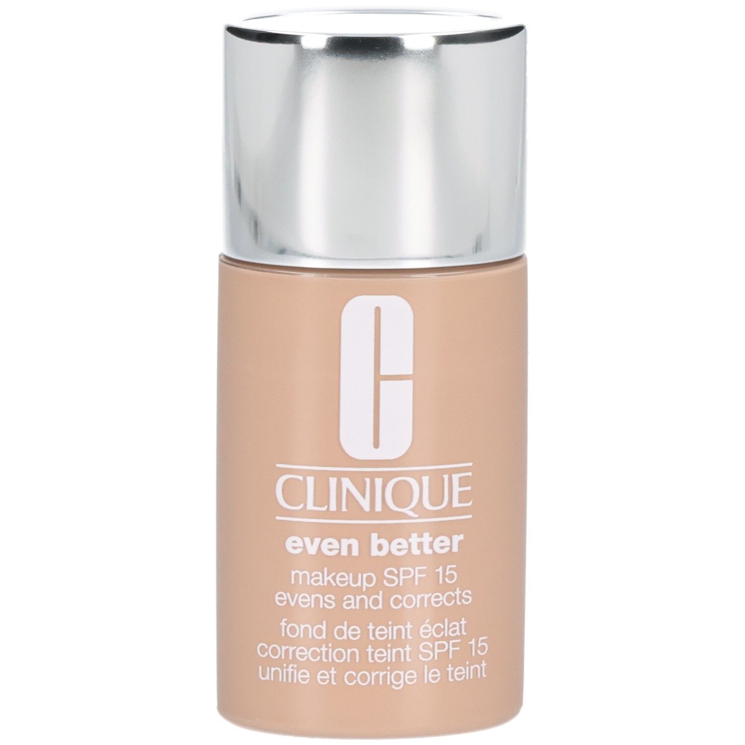 Flacon Clinique Even Better™ Fond de Teint Éclat SPF15, bouchon argenté. Teinte beige. Logo et texte visibles.