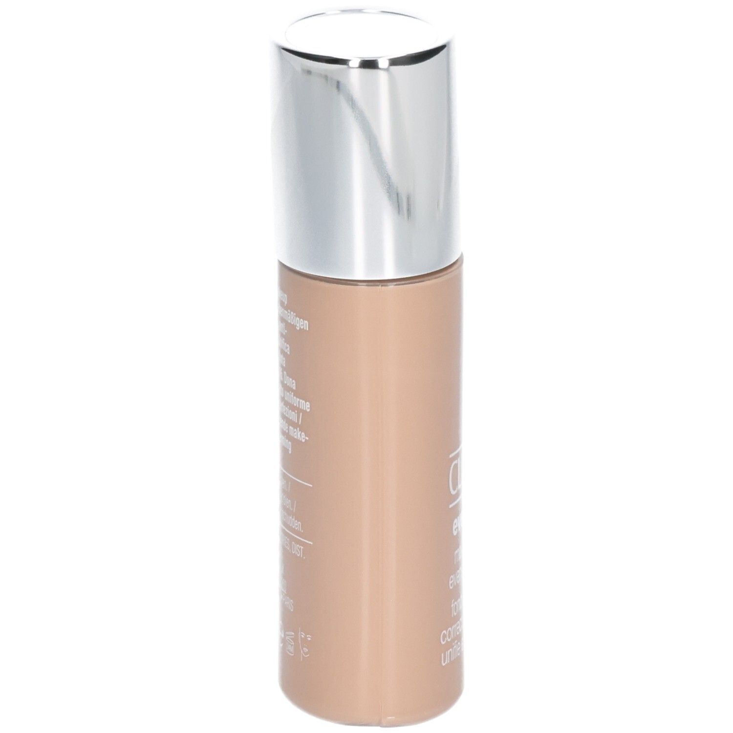 Flacon Clinique Even Better™ Fond de Teint Éclat SPF15. Bouchon argenté. Teinte beige. Texte latéral visible.