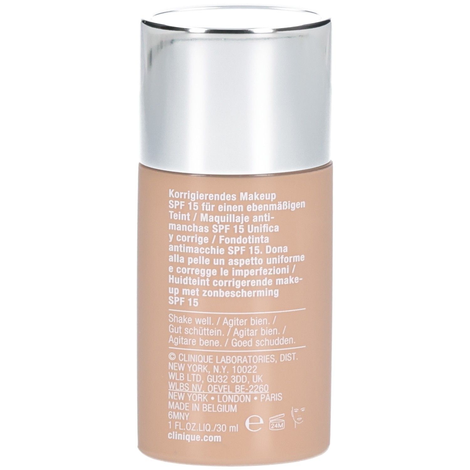 Dos du flacon Clinique Even Better™ Fond de Teint Éclat SPF15. Texte multilingue. Teinte beige.