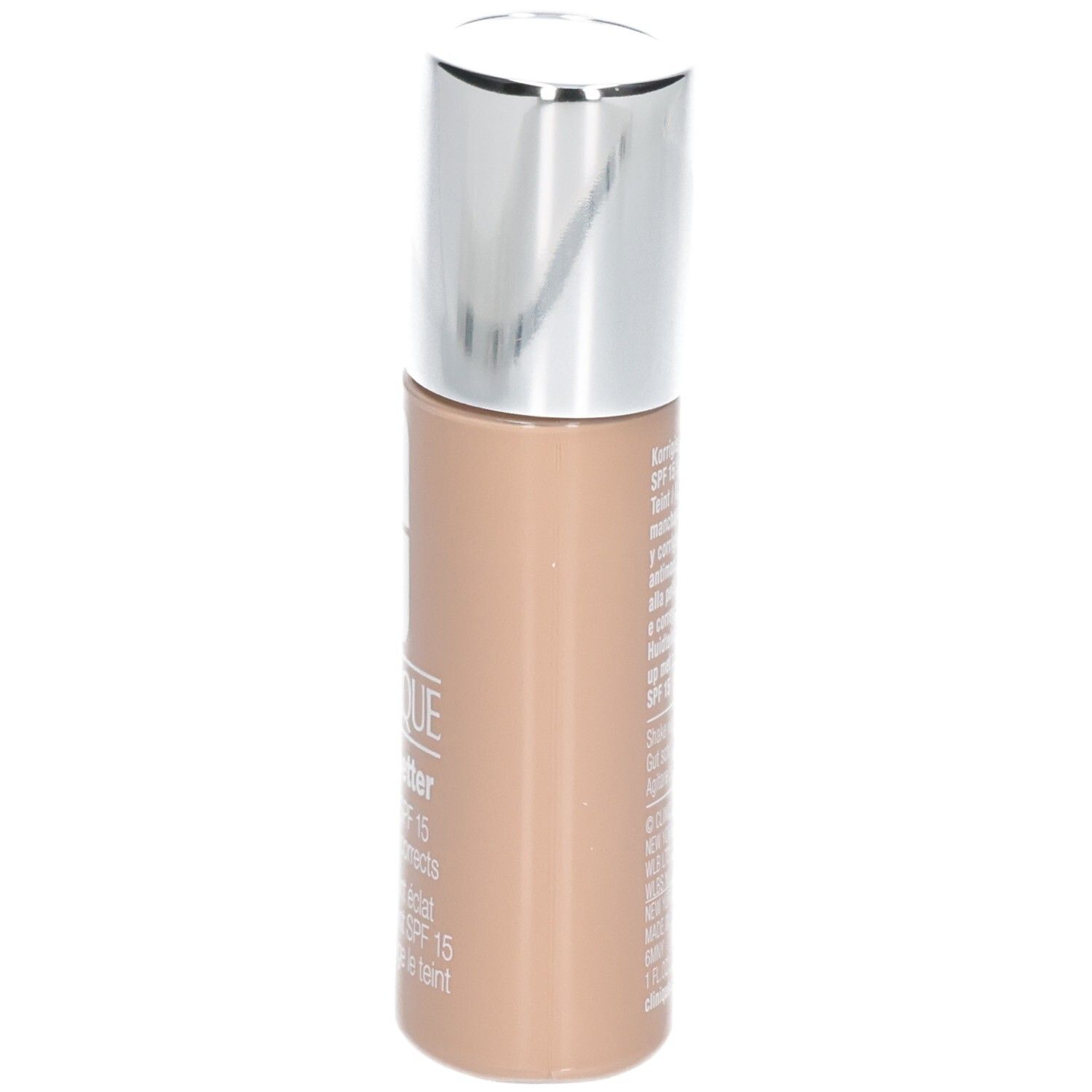 Flacon Clinique Even Better™ Fond de Teint Éclat SPF15. Bouchon argenté. Teinte beige. Vue latérale.