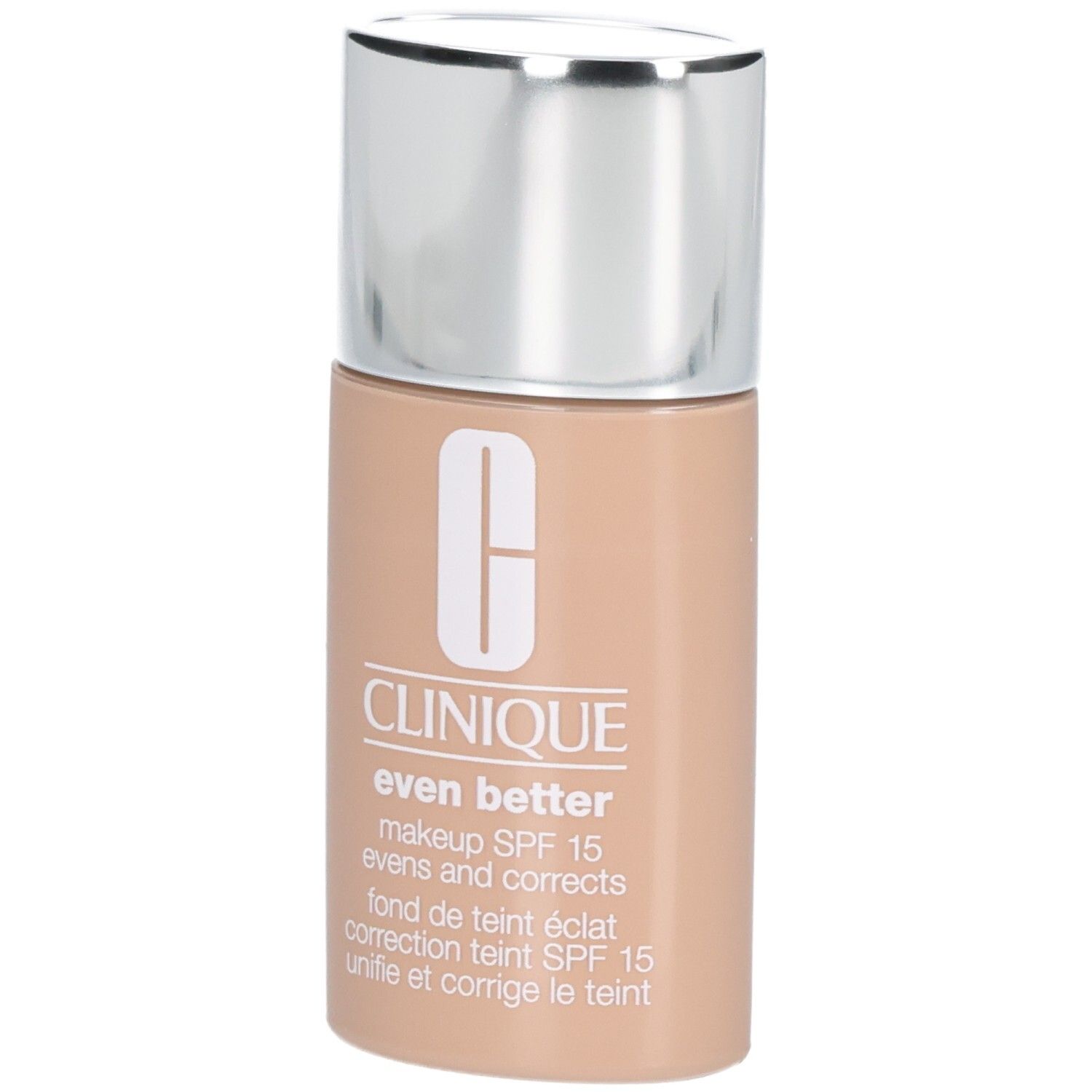 Flacon Clinique Even Better™ Fond de Teint Éclat SPF15, bouchon argenté. Teinte beige. Logo et texte visibles.