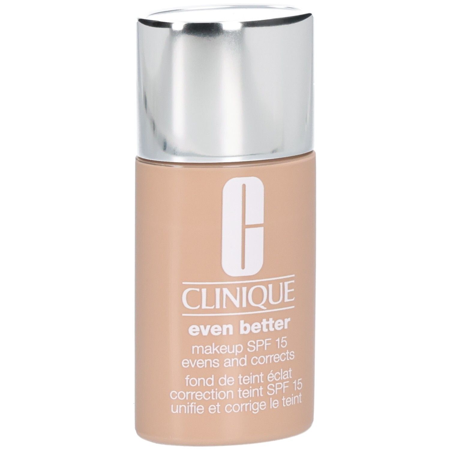 Flacon Clinique Even Better™ Fond de Teint Éclat SPF15, bouchon argenté. Teinte beige. Logo et texte visibles.