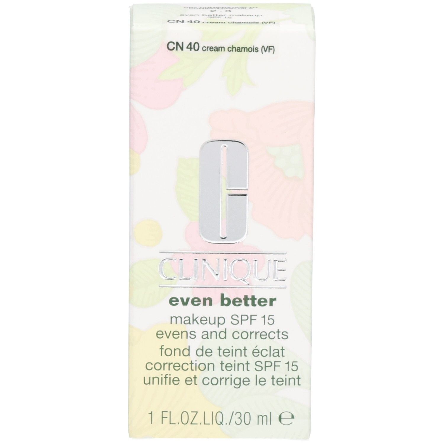 Emballage Clinique Even Better™ Fond de Teint Éclat SPF15. Teinte beige. Logo et texte. CN 40.