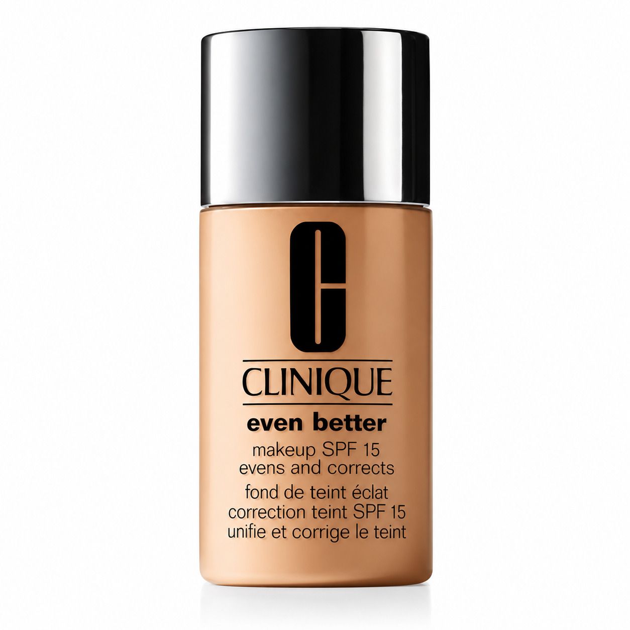 Clinique Even Better Makeup SPF 15, flesje met zilveren dop, lichte huidskleur.