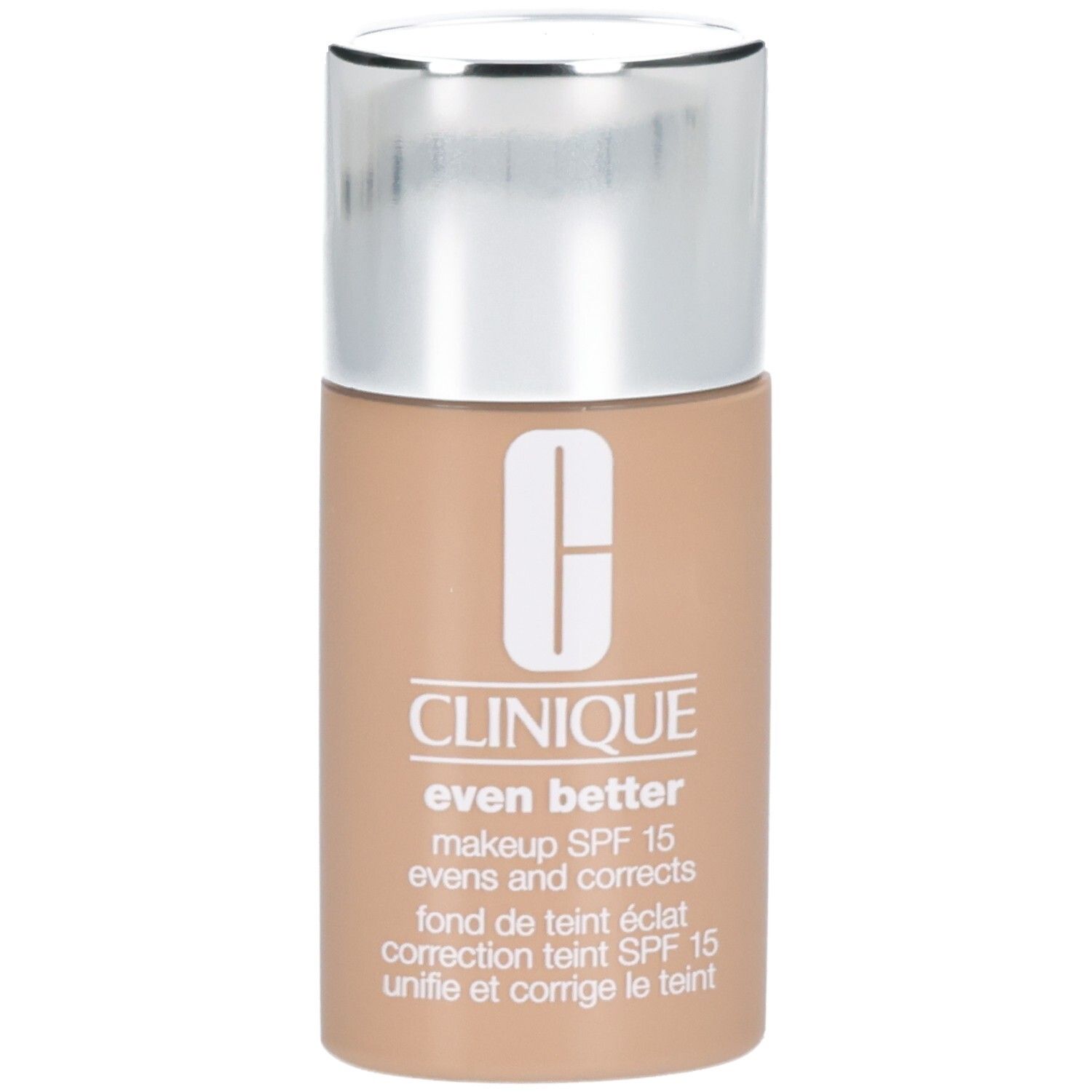 Clinique Even Better Makeup SPF 15, flesje met zilveren dop, lichte huidskleur.