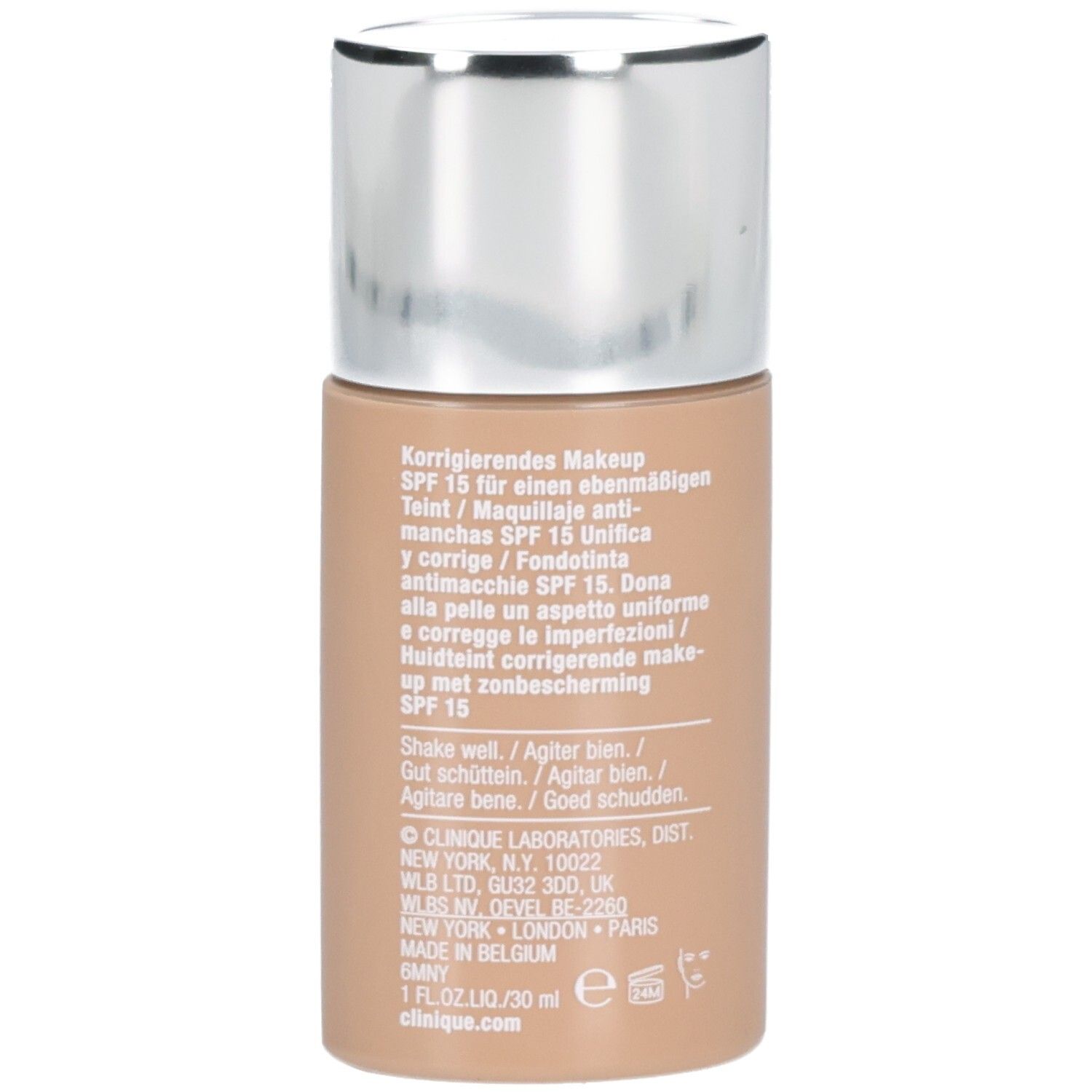 Clinique Even Better Makeup SPF 15, achterkant flesje met instructies en ingrediënten.