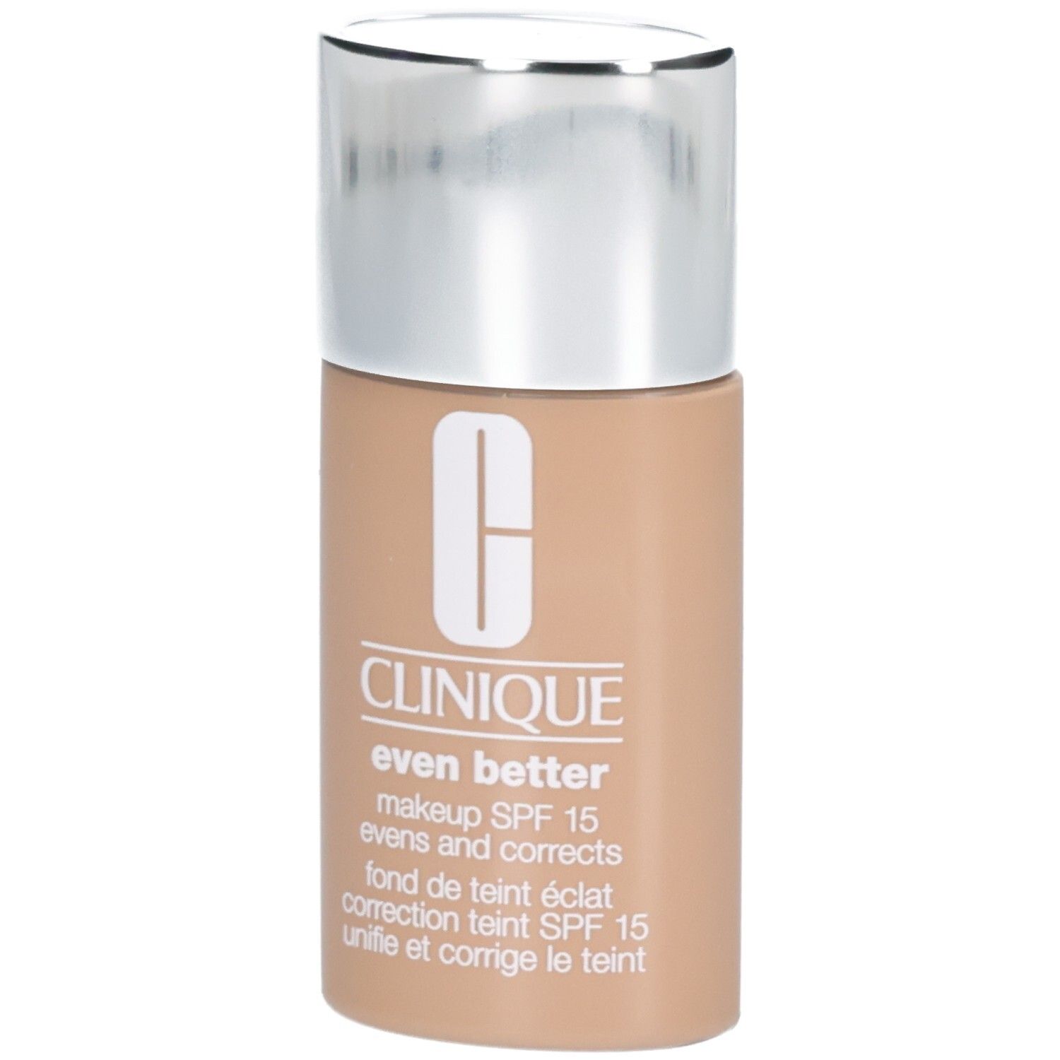Clinique Even Better Makeup SPF 15, flesje met zilveren dop, lichte huidskleur.