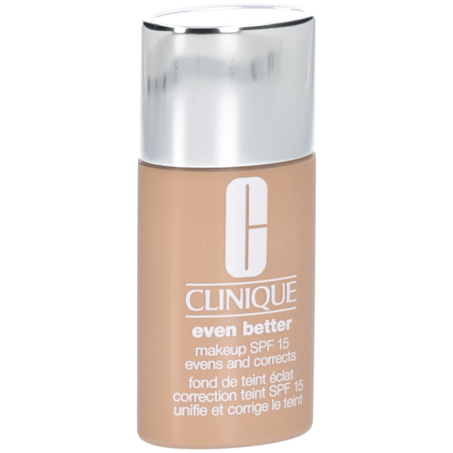 Clinique Even Better Makeup SPF 15, flesje met zilveren dop, lichte huidskleur.