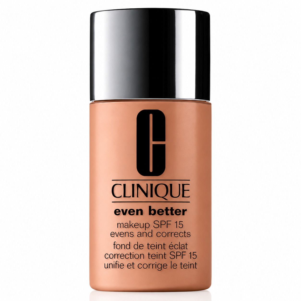 Clinique Even Better™ make-up SPF 15. Beige flesje met zilveren dop. Etiket met tekst.