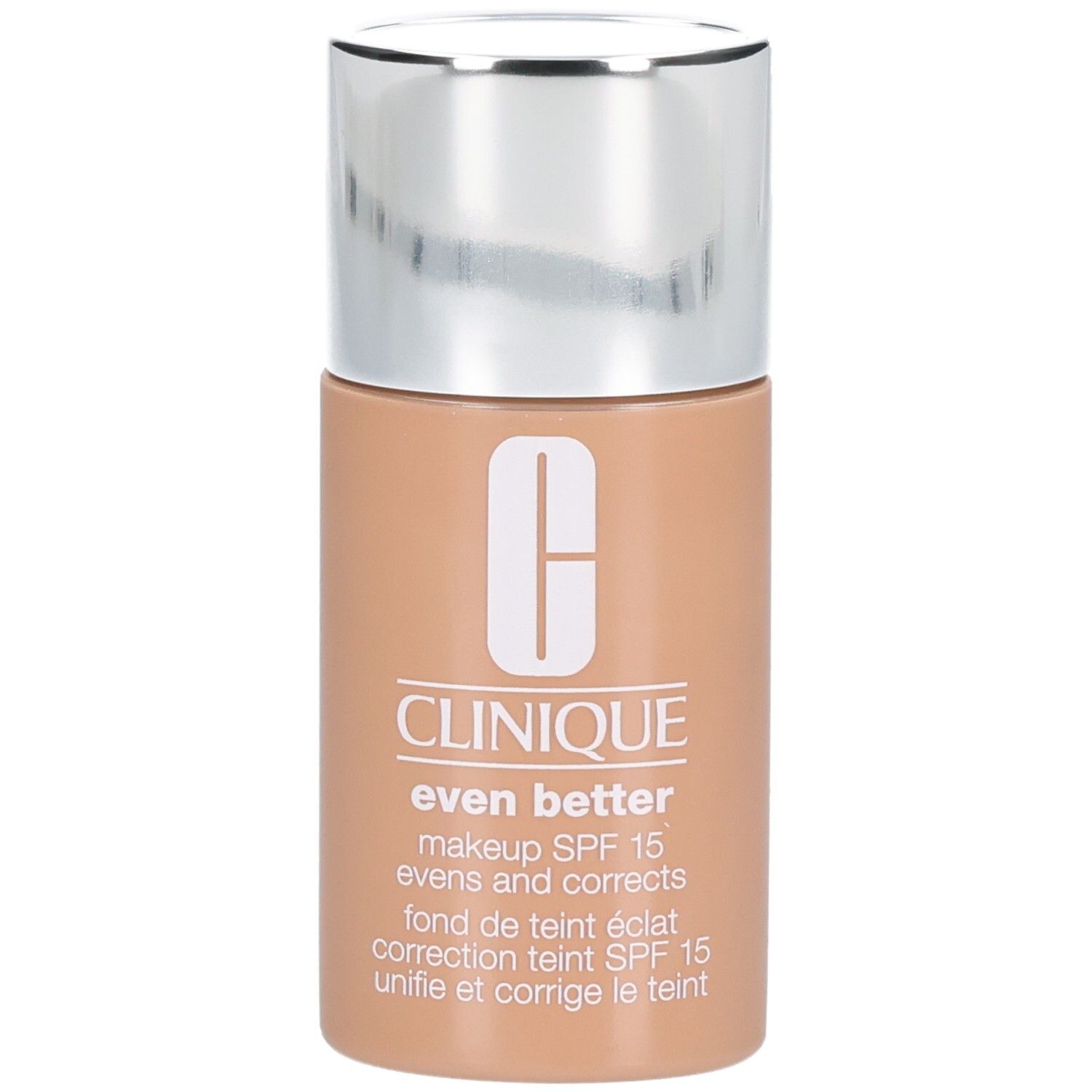 Clinique Even Better™ make-up SPF 15. Beige flesje met zilveren dop. Etiket met tekst.