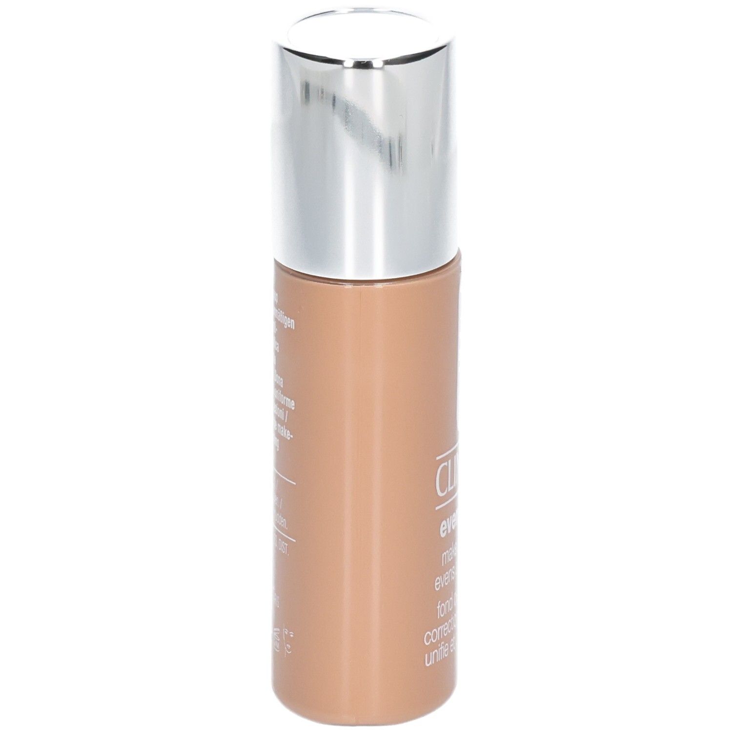 Clinique Even Better™ make-up SPF 15. Beige flesje met zilveren dop. Etiket met tekst.