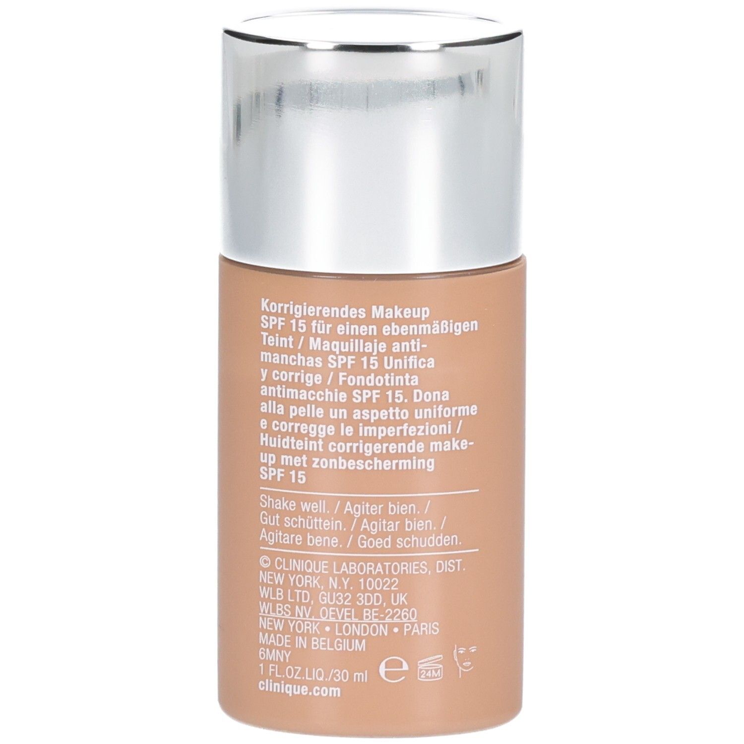 Clinique Even Better™ make-up SPF 15. Achterkant flesje met tekst. Beige kleur, zilveren dop.