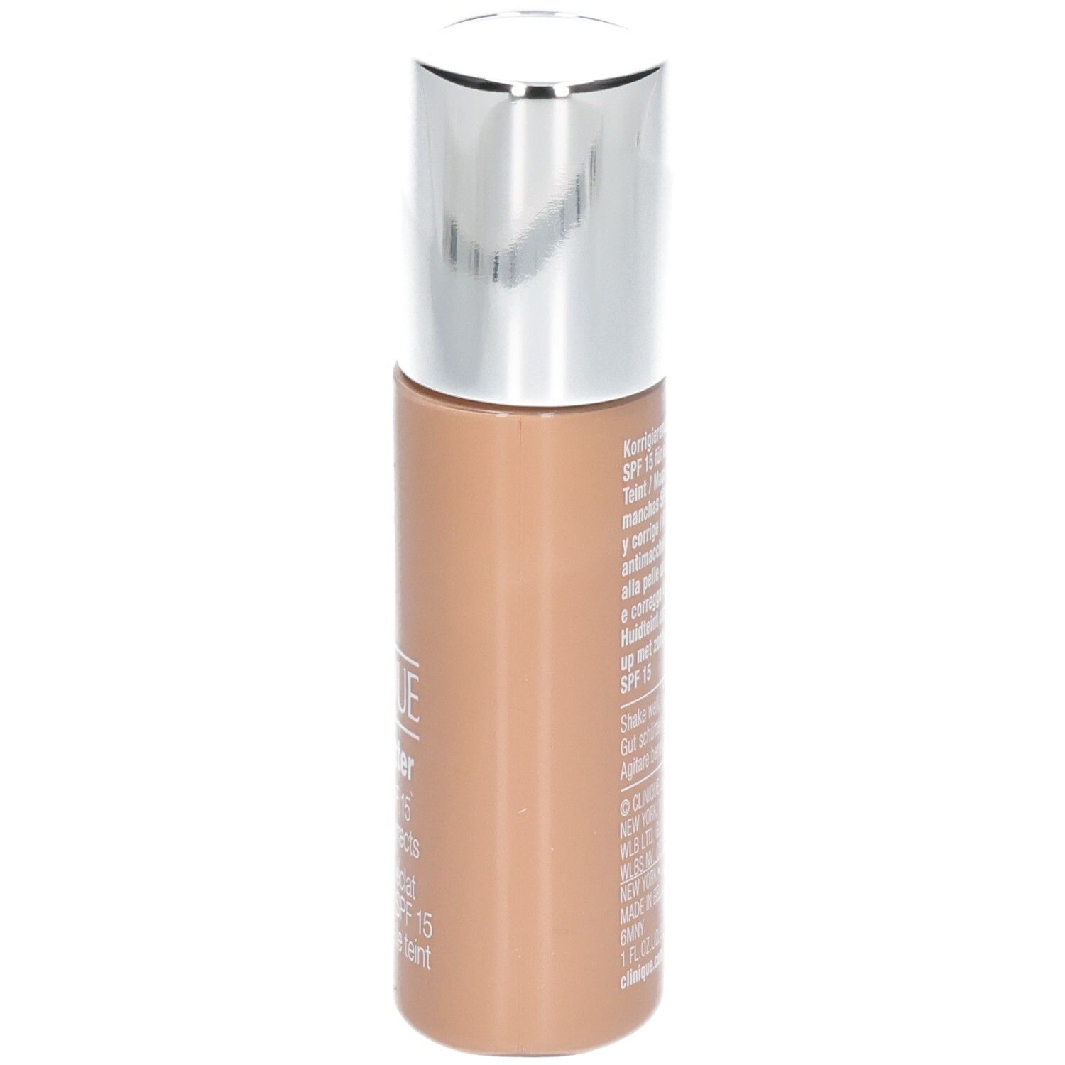 Clinique Even Better™ make-up SPF 15. Beige flesje met zilveren dop. Etiket met tekst.