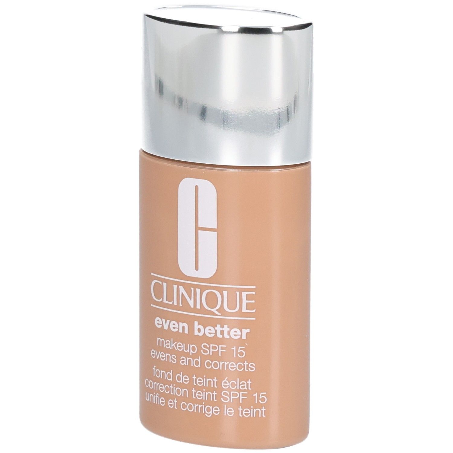 Clinique Even Better™ make-up SPF 15. Beige flesje met zilveren dop. Etiket met tekst.
