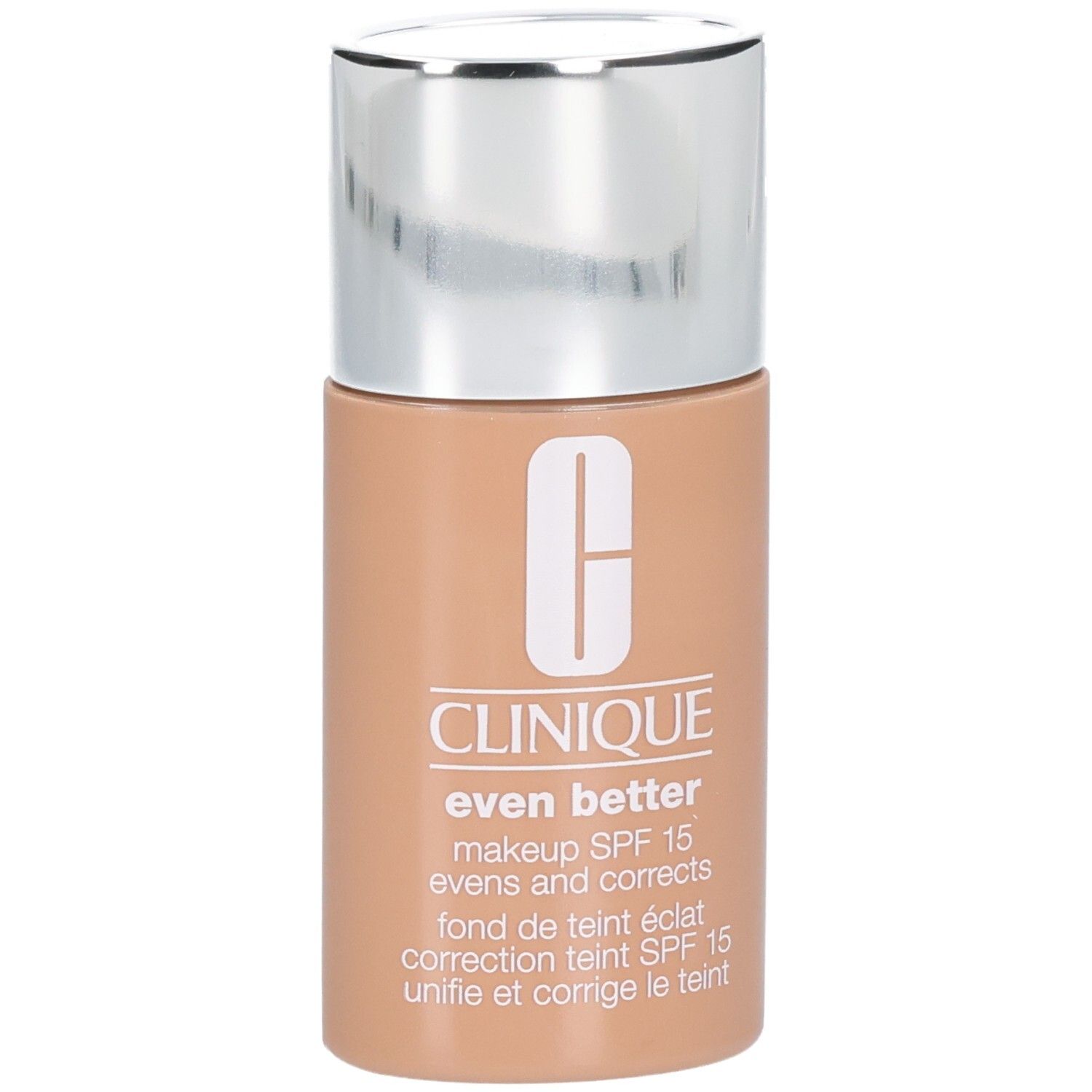 Clinique Even Better™ make-up SPF 15. Beige flesje met zilveren dop. Etiket met tekst.