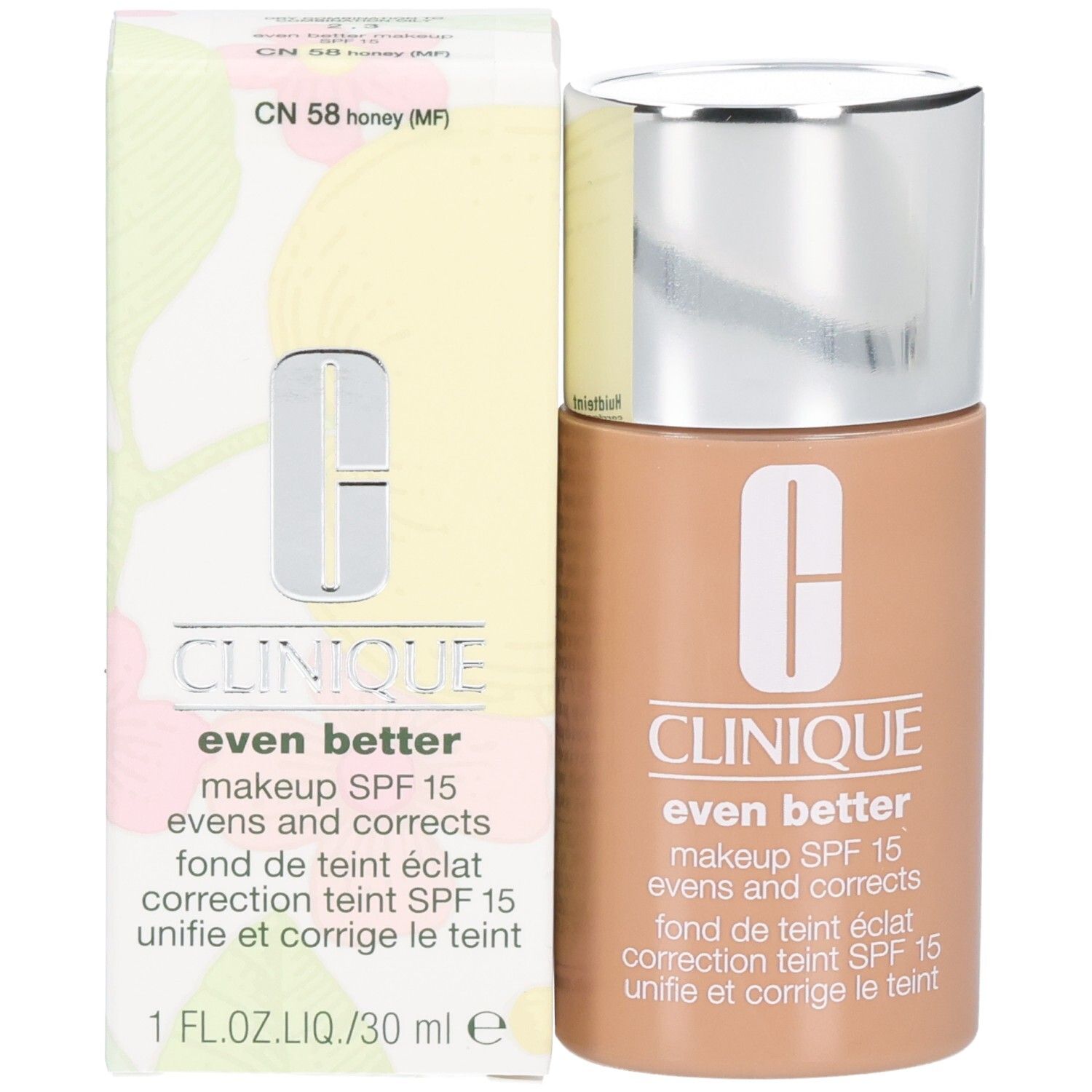 Clinique Even Better™ make-up SPF 15 en verpakking. Beige flesje, zilveren dop. Doosje met tekst.