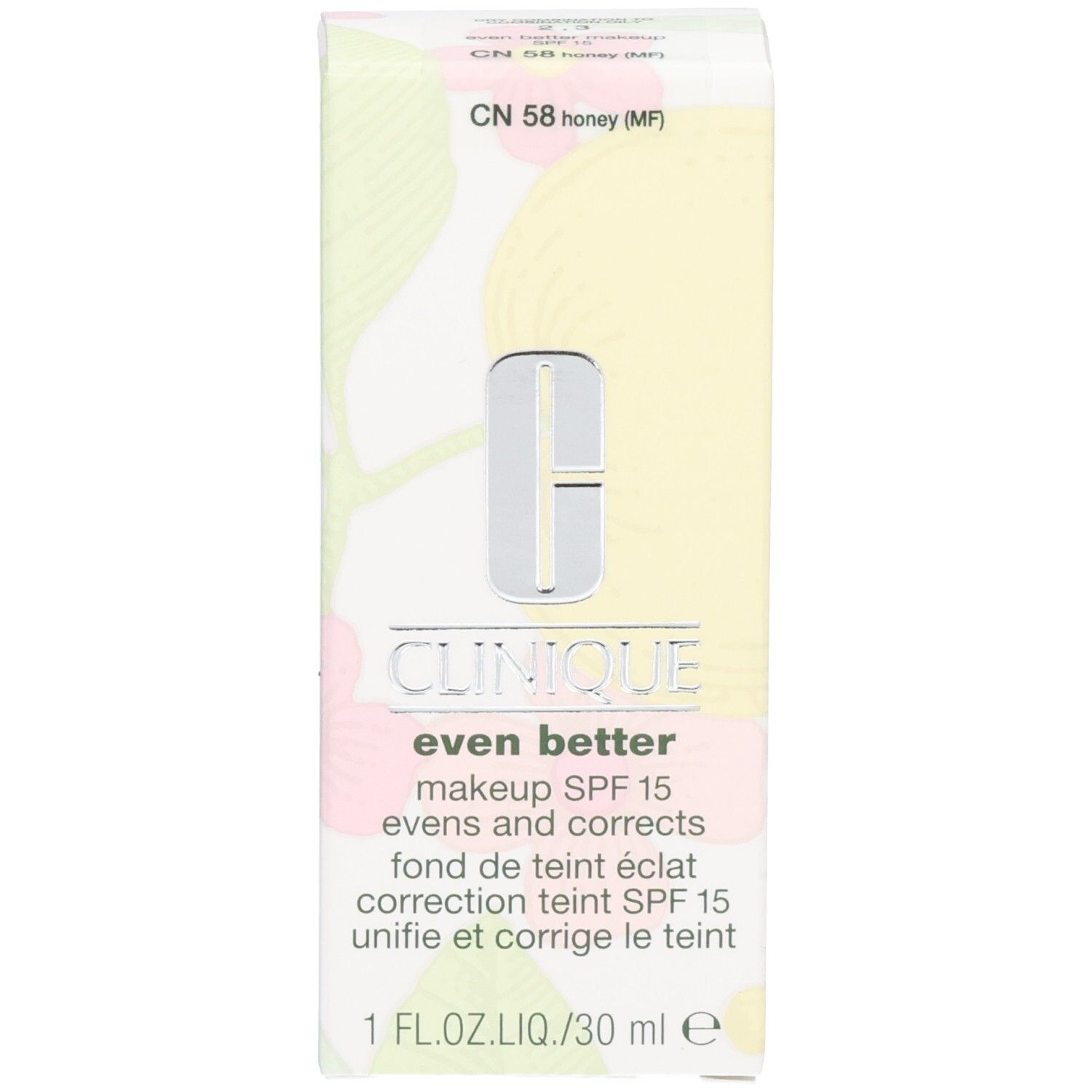 Clinique Even Better™ make-up SPF 15 en verpakking. Doosje met tekst. Beige flesje, zilveren dop.