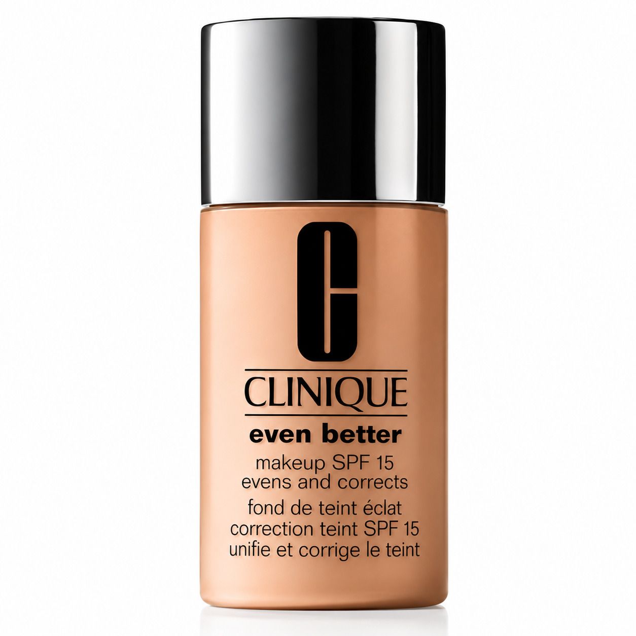 Clinique Even Better™ Makeup SPF15 fles. Beige vloeistof, zilveren dop. Productinformatie en logo.