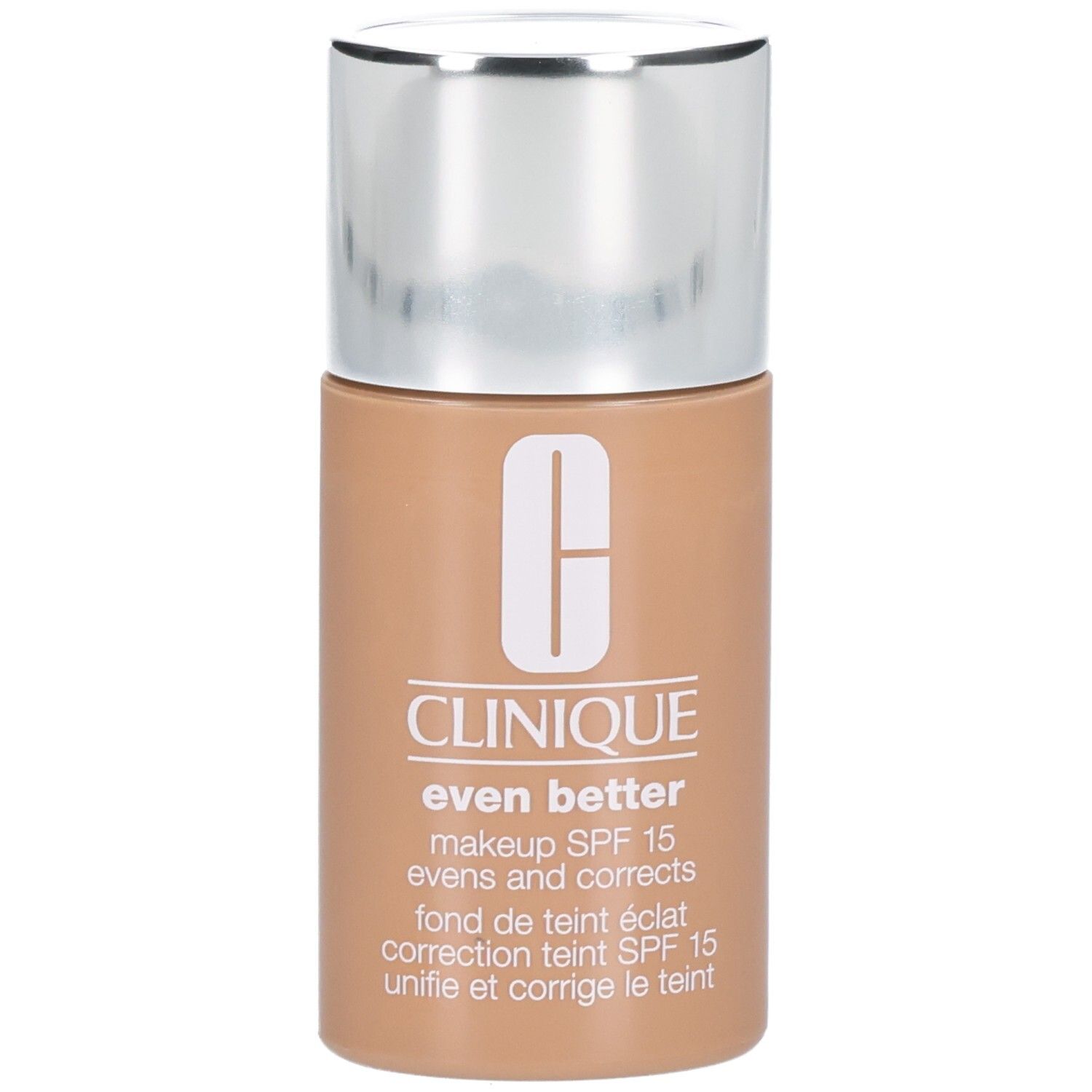 Clinique Even Better™ Makeup SPF15 fles. Beige vloeistof, zilveren dop. Productinformatie en logo.