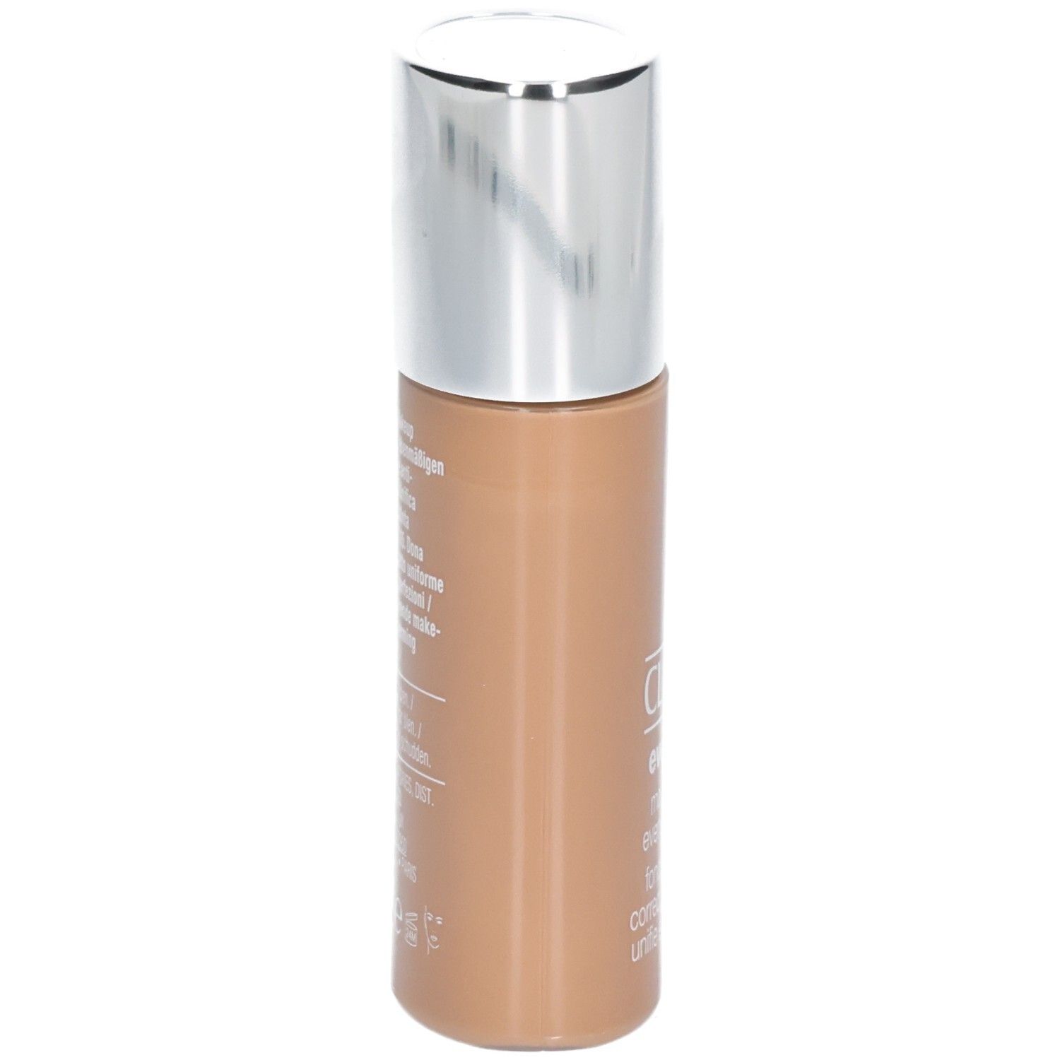 Clinique Even Better™ Makeup SPF15 fles. Beige vloeistof, zilveren dop. Productinformatie afgedrukt.