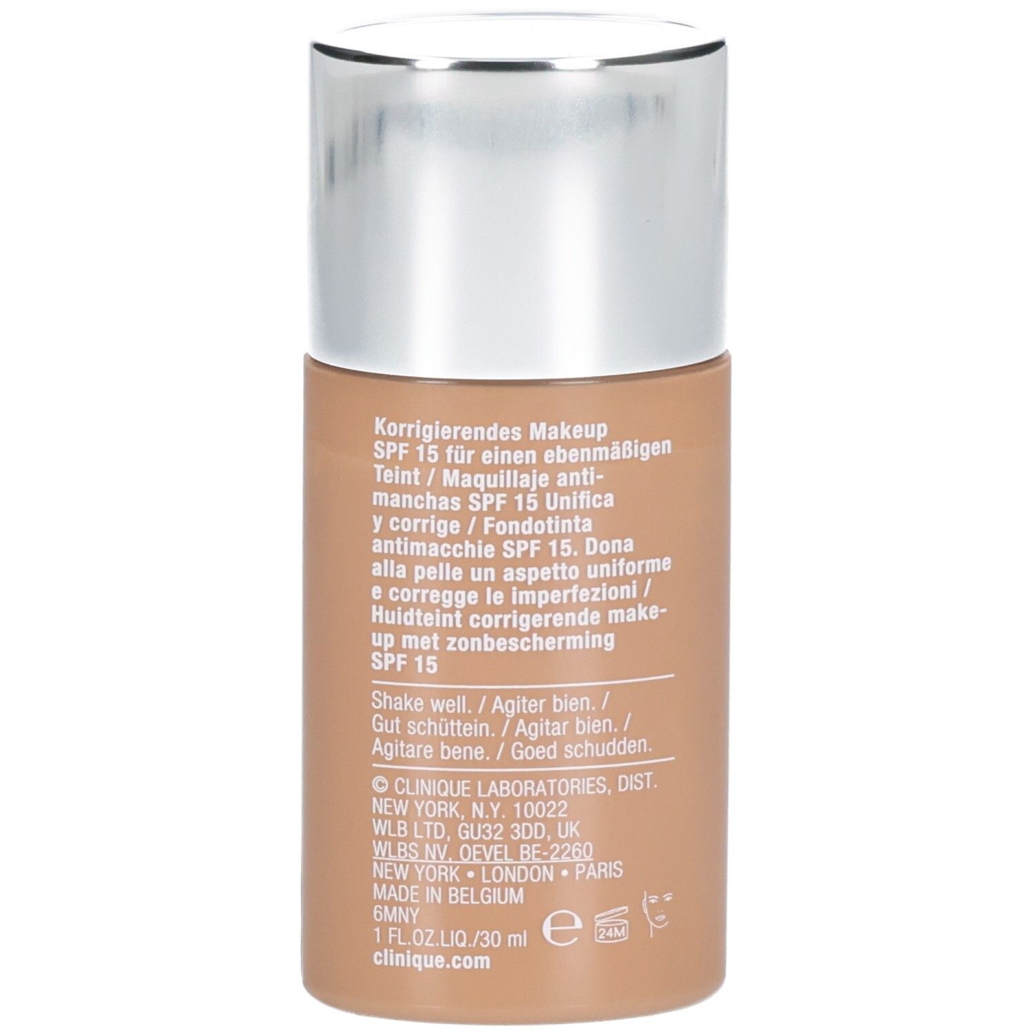 Achterkant van de Clinique Even Better™ Makeup SPF15 fles. Productinformatie, ingrediënten en logo.
