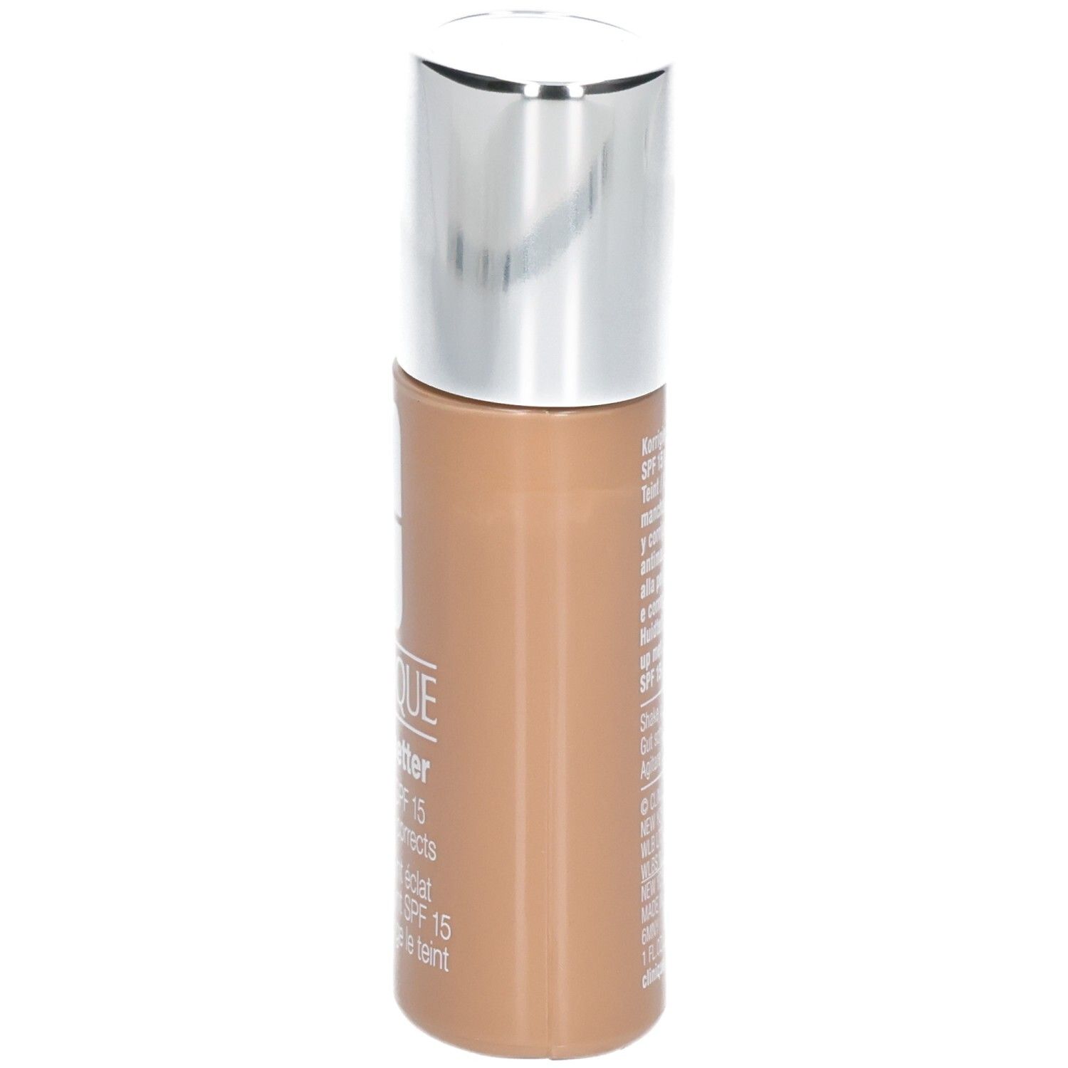 Zijkant van de Clinique Even Better™ Makeup SPF15 fles. Productinformatie en logo.