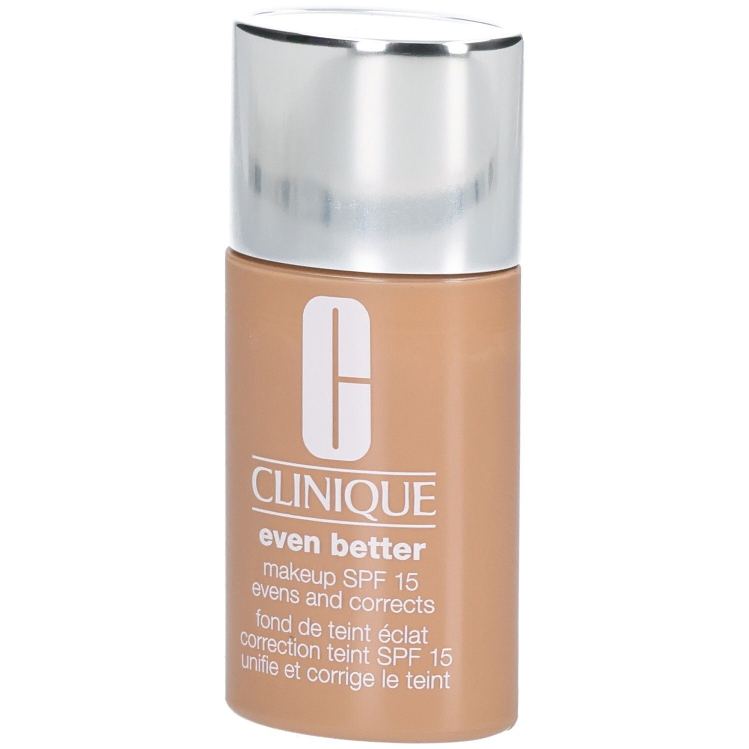 Clinique Even Better™ Makeup SPF15 fles. Beige vloeistof, zilveren dop. Productinformatie en logo.