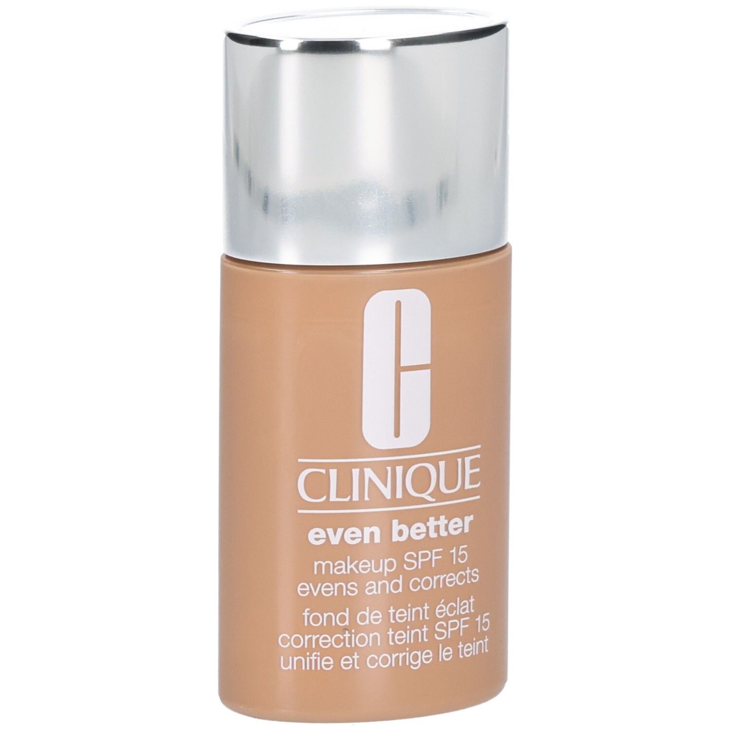 Clinique Even Better™ Makeup SPF15 fles. Beige vloeistof, zilveren dop. Productinformatie en logo.
