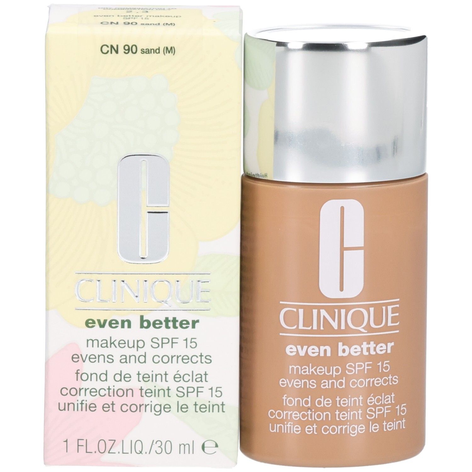 Clinique Even Better™ Makeup SPF15 met verpakking. Fles en doos. Productinformatie en logo.